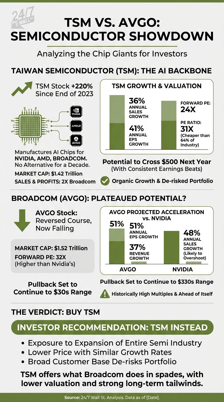 An infographic comparing TSM and AVGO stocks, showing TSM as the 'AI Backbone' with higher growth and lower valuation than Broadcom.