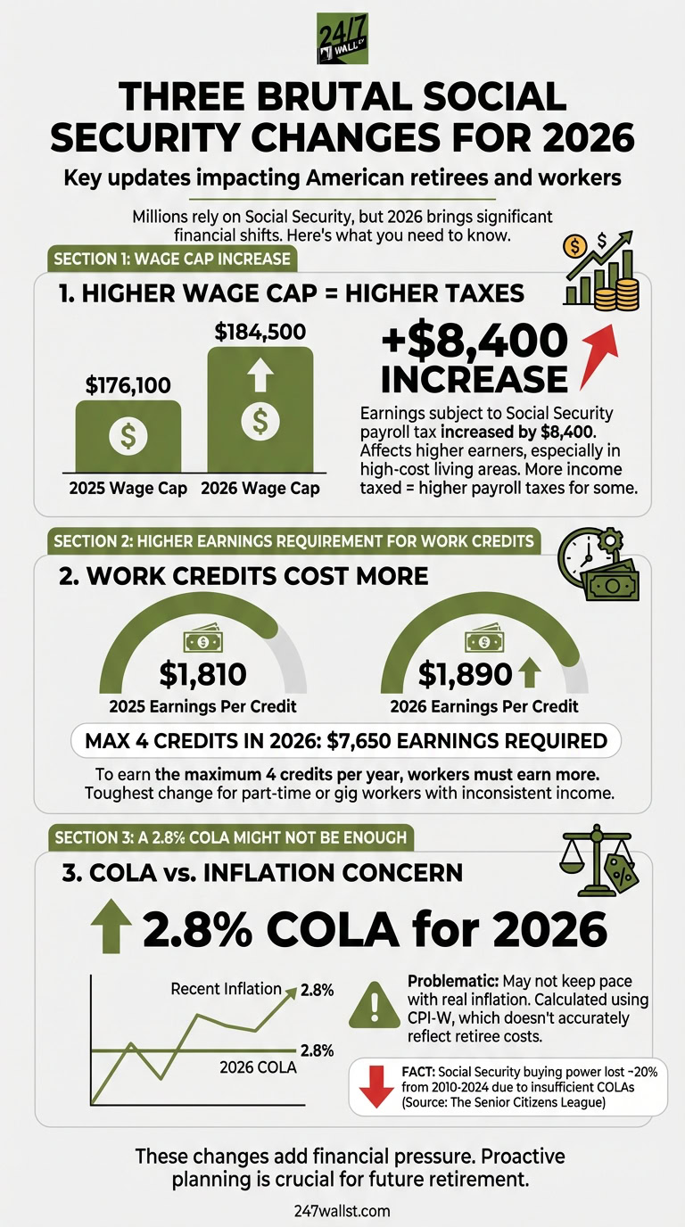 Infographic detailing three major Social Security changes for 2026: a wage cap tax increase, more expensive work credits, and inflation concerns.