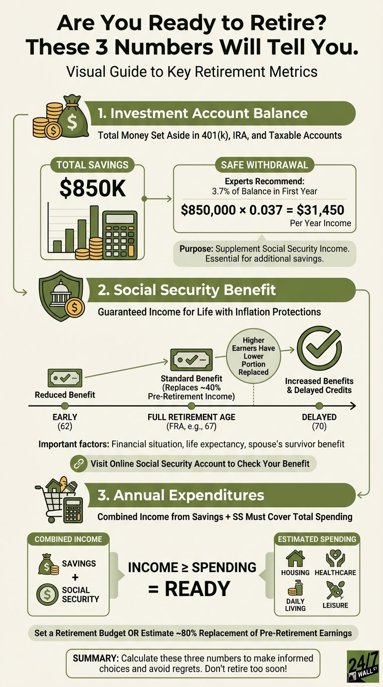A structured infographic outlining three steps to retirement readiness: calculating savings, understanding social security timing, and balancing annual expenditures against income.