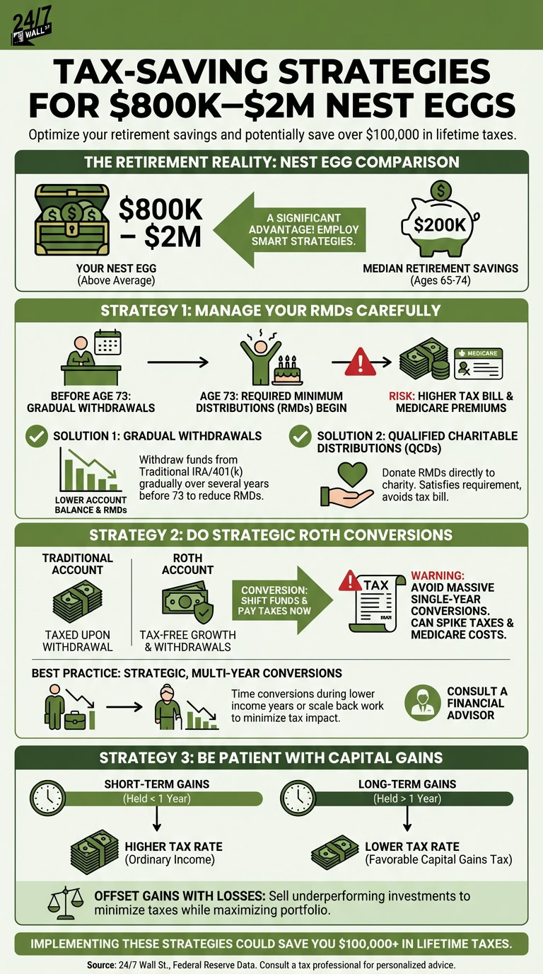Infographic titled 'Tax-Saving Strategies for $800K–$2M Nest Eggs' outlining methods to reduce lifetime taxes through RMD management, Roth conversions, and capital gains timing.