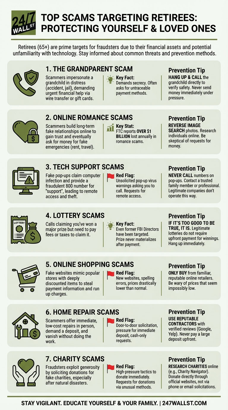 Infographic titled 'Top Scams Targeting Retirees' listing seven types of fraud with icons, red flags, and prevention advice.