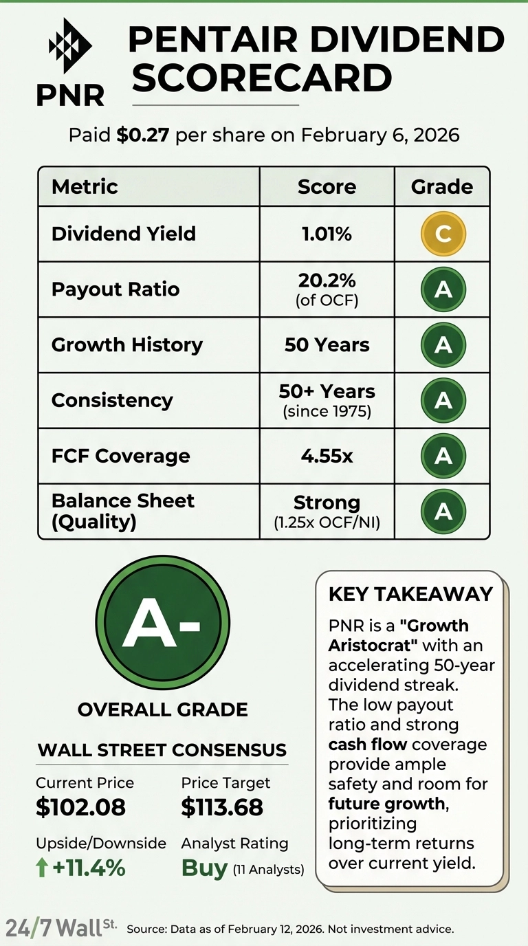 An infographic titled 'PENTAIR DIVIDEND SCORECARD' for ticker PNR. It states a dividend of '$0.27 per share paid on February 6, 2026'. A table lists metrics, scores, and grades: Dividend Yield (1.01%, Grade C), Payout Ratio (20.2% of OCF, Grade A), Growth History (50 Years, Grade A), Consistency (50+ Years since 1975, Grade A), FCF Coverage (4.55x, Grade A), and Balance Sheet Quality (Strong, 1.25x OCF/NI, Grade A). Below the table, a large green circle displays an 'A-' as the 'OVERALL GRADE'. To the right, a 'WALL STREET CONSENSUS' section shows: Current Price $102.08, Price Target $113.68, Upside/Downside +11.4%, and Analyst Rating 'Buy' (11 Analysts). A 'KEY TAKEAWAY' box describes PNR as a 'Growth Aristocrat' with an accelerating 50-year dividend streak, low payout ratio, and strong cash flow coverage. The footer indicates 'Source: Data as of February 12, 2026. Not investment advice.'