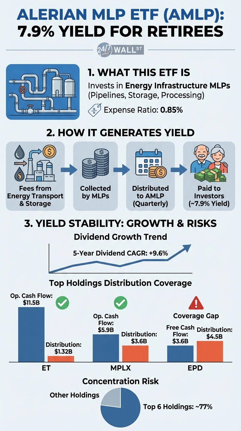 An infographic titled 'Alerian MLP ETF (AMLP): 7.9% Yield for Retirees' by 24/7 Wall St. Section 1, 'What This ETF Is,' describes investments in Energy Infrastructure MLPs (Pipelines, Storage, Processing) and an Expense Ratio of 0.85%. Section 2, 'How It Generates Yield,' presents a four-step flowchart: Fees from Energy Transport &amp; Storage, Collected by MLPs, Distributed to AMLP Quarterly, and Paid to Investors (~7.9% Yield). Section 3, 'Yield Stability: Growth &amp; Risks,' includes a line graph titled 'Dividend Growth Trend' showing an upward arrow and a '5-Year Dividend CAGR: +9.6%.' Below this, 'Top Holdings Distribution Coverage' features three bar charts: for ET, Operating Cash Flow $11.5B and Distribution $1.32B with a green checkmark; for MPLX, Operating Cash Flow $5.9B and Distribution $3.6B with a green checkmark; and for EPD, Free Cash Flow $3.6B and Distribution $4.5B with a red exclamation mark indicating a 'Coverage Gap.' Finally, a pie chart titled 'Concentration Risk' shows 'Top 6 Holdings: ~77%' and 'Other Holdings.'