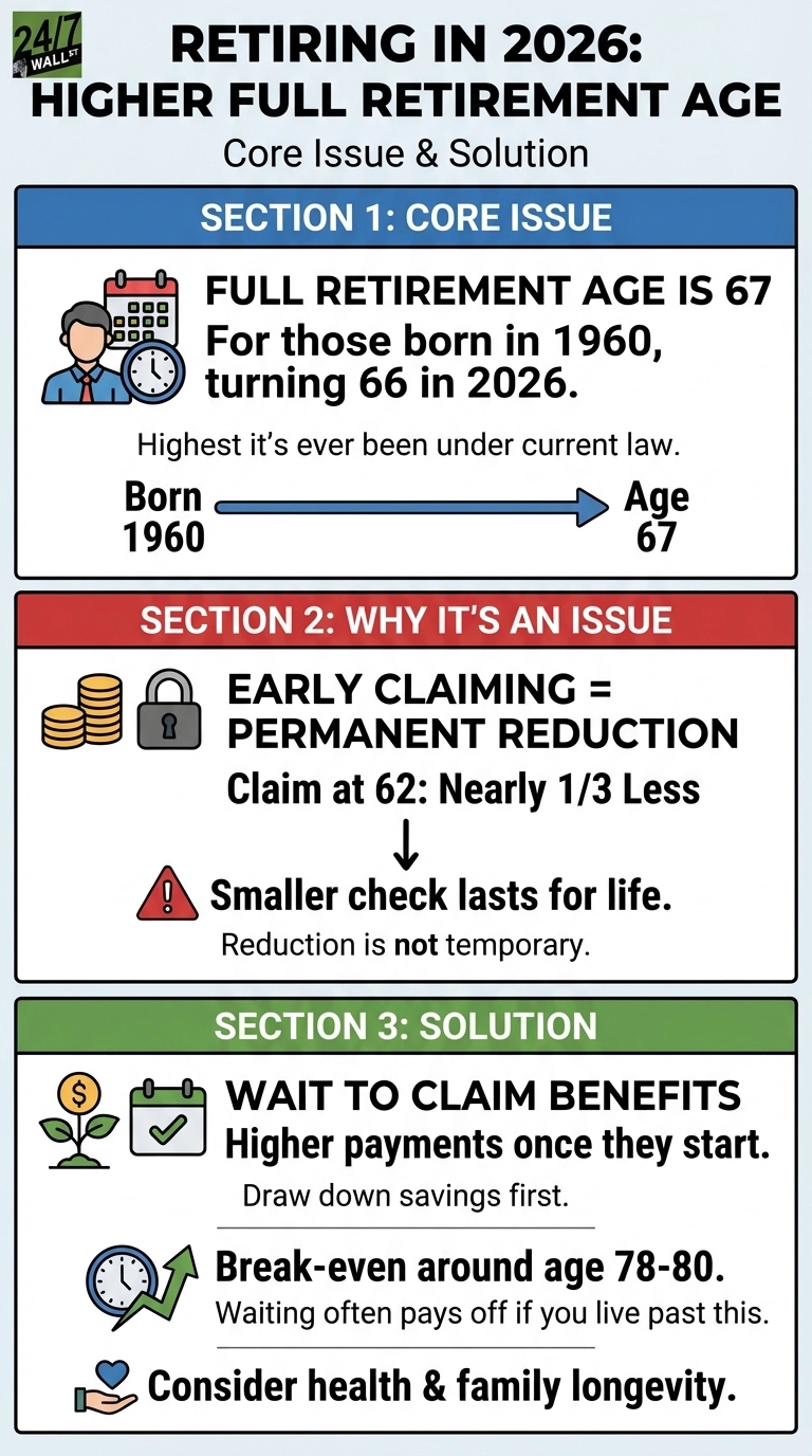 An infographic titled 'Retiring in 2026: Higher Full Retirement Age: Core Issue &amp; Solution', presented by 24/7 Wall St. It is divided into three main sections. Section 1, 'Core Issue', with a blue header, states that the full retirement age is 67 for those born in 1960, turning 66 in 2026. An icon of a person with a calendar and clock, and a timeline graphic showing 'Born 1960' leading to 'Age 67' illustrate this point. Section 2, 'Why It's An Issue', with a red header, explains that early claiming results in a permanent reduction, noting 'Claim at 62: Nearly 1/3 Less' and that a smaller check lasts for life. Icons of coins, a padlock, and a warning triangle are displayed. Section 3, 'Solution', with a green header, suggests waiting to claim benefits for higher payments, drawing down savings first, illustrated by a plant with a dollar sign and a checked calendar icon. It also highlights a 'Break-even around age 78-80', shown with a clock and an upward trending graph, and advises to 'Consider health &amp; family longevity', represented by a hand holding a heart icon.