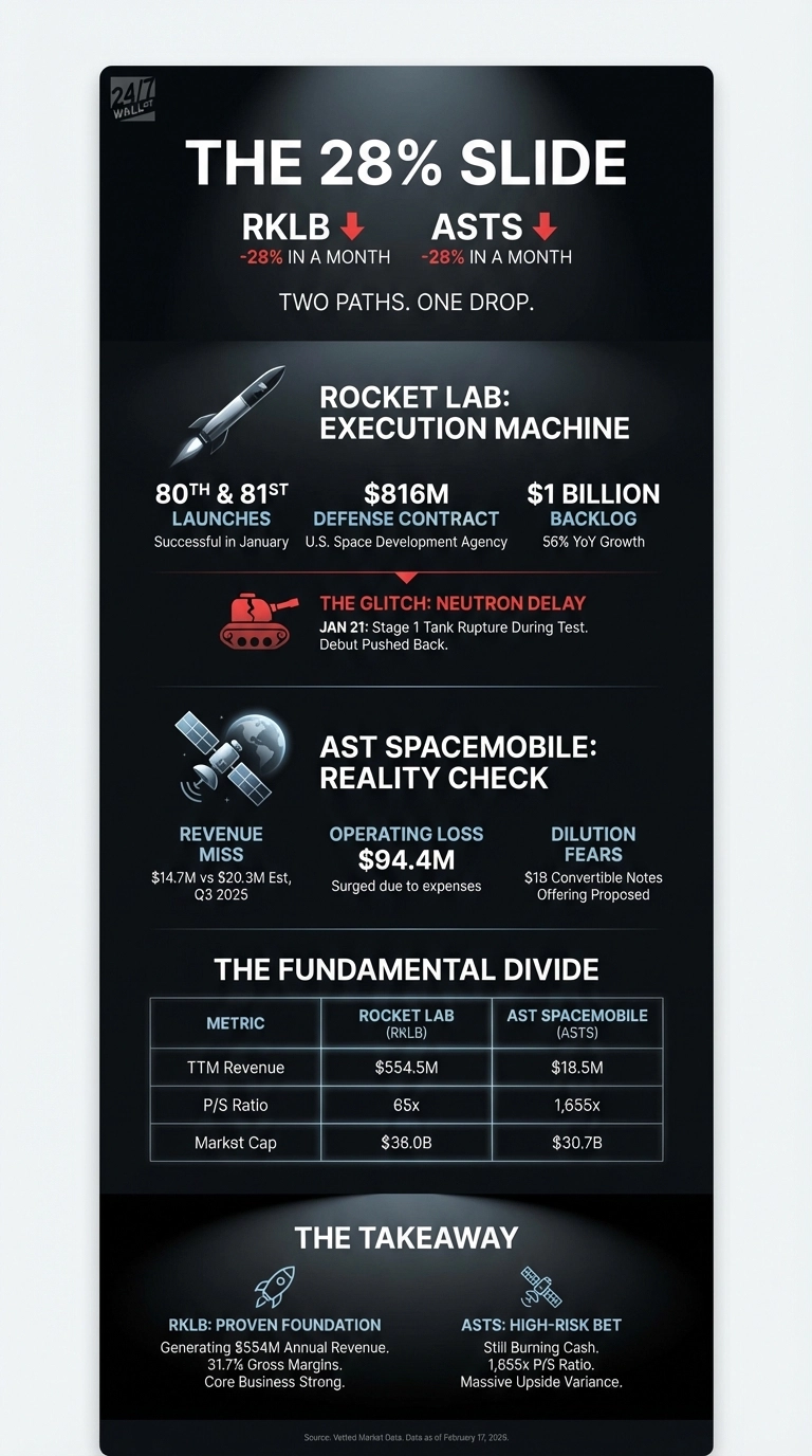 An infographic titled 'THE 28% SLIDE' with the subtitle 'TWO PATHS. ONE DROP.' It contrasts Rocket Lab (RKLB) and AST SpaceMobile (ASTS), both showing a -28% stock drop in a month. The Rocket Lab section, with a rocket icon, details 80th &amp; 81st successful launches in January, an $816M defense contract, and a $1 billion backlog, but notes a Neutron rocket debut delay due to a January 21 tank rupture. The AST SpaceMobile section, with a satellite icon, highlights a Q3 2025 revenue miss ($14.7M vs $20.3M Est), a $94.4M operating loss, and $1 billion convertible notes offering. A table titled 'THE FUNDAMENTAL DIVIDE' compares metrics for RKLB and ASTS: TTM Revenue ($554.5M vs $18.5M), P/S Ratio (65x vs 1,655x), and Market Cap ($3.80B vs $30.7B). The 'THE TAKEAWAY' section labels RKLB as a 'PROVEN FOUNDATION' with $554M annual revenue and 31.7% gross margins, and ASTS as a 'HIGH-RISK BET' with burning cash, a 1,655x P/S Ratio, and massive upside variance. The infographic sources data as of February 17, 2025.