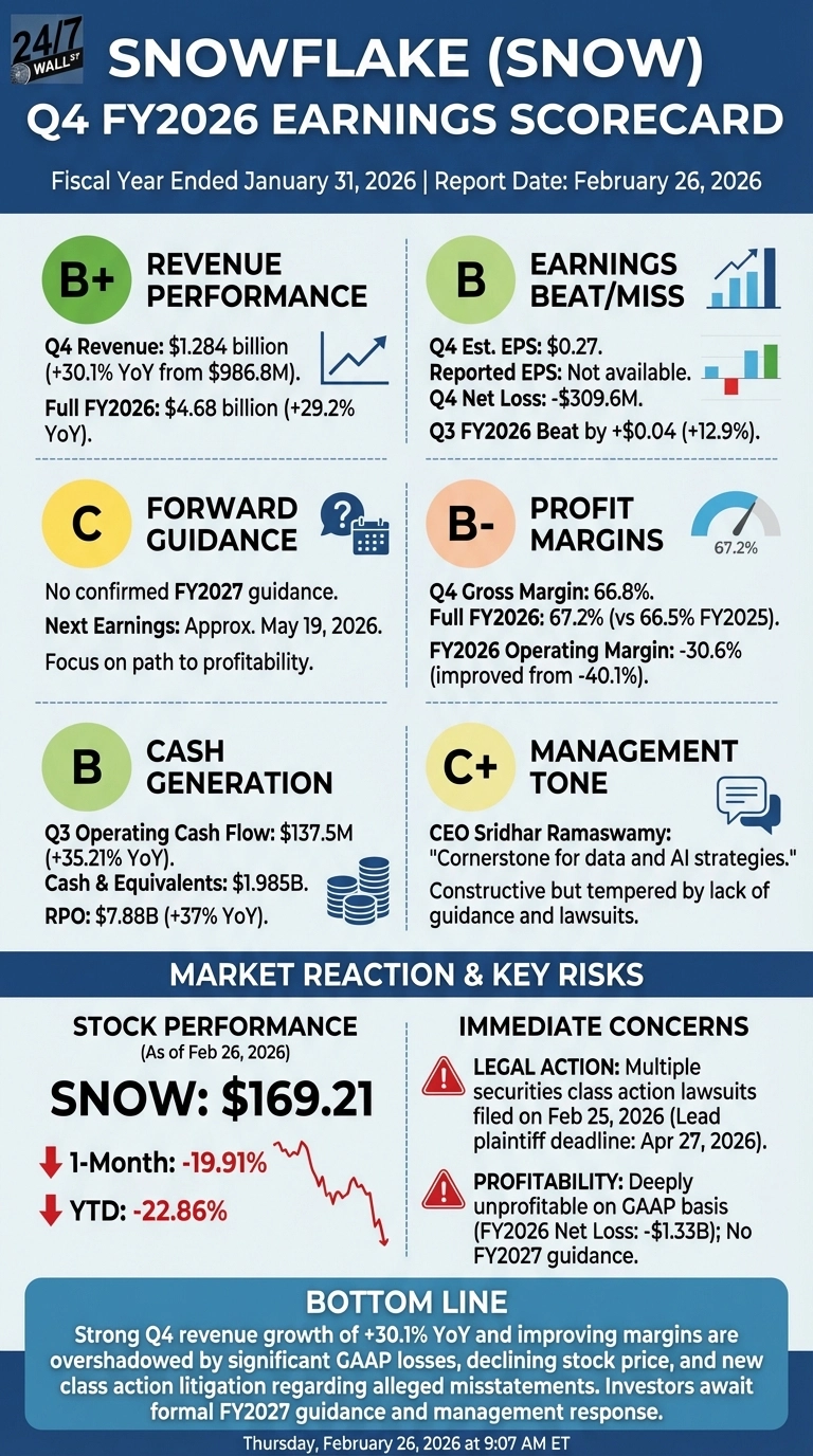 An infographic titled 'Snowflake (SNOW) Q4 FY2026 Earnings Scorecard', with a fiscal year ended January 31, 2026, and report date February 26, 2026. It features six graded sections: Revenue Performance (B+, Q4 Revenue $1.284B, +30.1% YoY), Earnings Beat/Miss (B, Q4 Net Loss -$309.6M), Forward Guidance (C, no confirmed FY2027 guidance), Profit Margins (B-, Q4 Gross Margin 66.8%), Cash Generation (B, Q3 Operating Cash Flow $137.5M), and Management Tone (C+, constructive but tempered). Below, 'Market Reaction &amp; Key Risks' shows Stock Performance (SNOW: $169.21, 1-Month: -19.91%, YTD: -22.86%) and Immediate Concerns (Legal Action, Profitability issues). A 'Bottom Line' summary discusses strong Q4 revenue overshadowed by GAAP losses and class action litigation.