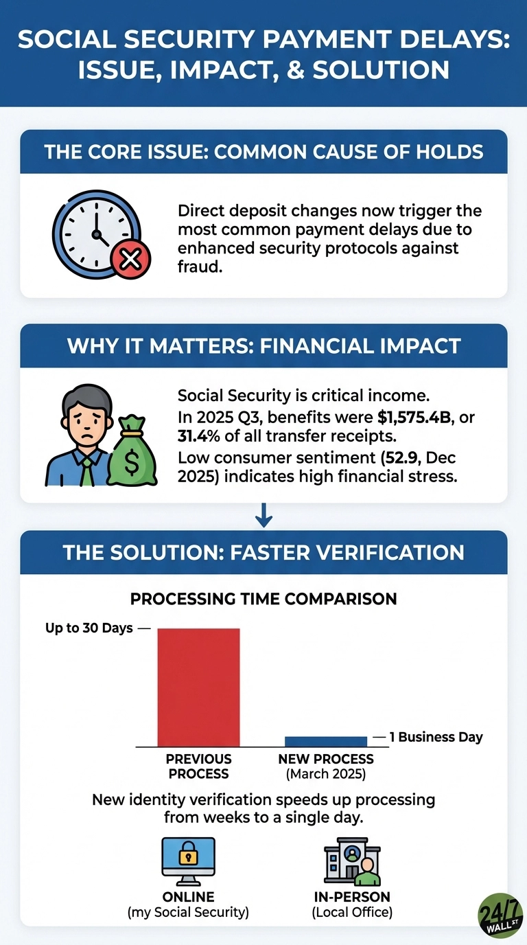 An infographic titled 'Social Security Payment Delays: Issue, Impact, &amp; Solution' presented in three main sections. The first section, 'The Core Issue: Common Cause of Holds,' shows a clock with a red X and text explaining direct deposit changes trigger delays due to anti-fraud security. The second section, 'Why It Matters: Financial Impact,' features a sad person with a money bag and states Social Security is critical income, citing 2025 Q3 benefits of $1,575.4B and low consumer sentiment (52.9, Dec 2025) indicating high financial stress. The third section, 'The Solution: Faster Verification,' includes a bar chart comparing 'PREVIOUS PROCESS' (tall red bar representing Up to 30 Days) and 'NEW PROCESS (March 2025)' (short blue bar representing 1 Business Day). Below the chart, text confirms new identity verification speeds processing from weeks to a single day, with icons for 'ONLINE (my Social Security)' and 'IN-PERSON (Local Office)' as verification methods.
