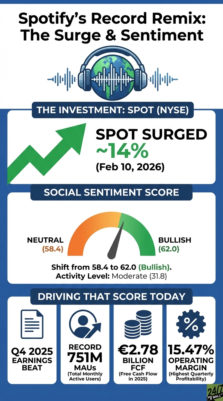An infographic titled 'Spotify's Record Remix: The Surge &amp; Sentiment' detailing Spotify's financial performance and social sentiment. The top section shows 'The Investment: SPOT (NYSE)' with a large green arrow indicating 'SPOT SURGED ~14%' on 'Feb 10, 2026'. Below, a social sentiment gauge shifts from 'Neutral (58.4)' to 'Bullish (62.0)', with the needle pointing towards 'Bullish', and an activity level of 'Moderate (31.8)'. The bottom section, 'Driving That Score Today', presents four white cards with icons: 'Q4 2025 EARNINGS BEAT' with a document icon, 'RECORD 751M MAUs (Total Monthly Active Users)' with a user growth icon, '€2.78 BILLION FCF (Free Cash Flow in 2025)' with stacked coins icon, and '15.47% OPERATING MARGIN (Highest Quarterly Profitability)' with a gear and percentage icon. The overall color scheme is blue, green, and white.