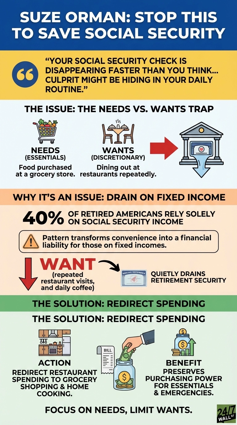 An infographic titled 'Suze Orman: Stop This to Save Social Security'. It features a quote from Suze Orman about Social Security disappearing. The 'Issue: The Needs vs. Wants Trap' section displays icons for groceries (needs) and dining out (wants), with an arrow showing 'wants' draining a Social Security fund. The 'Why It's an Issue: Drain on Fixed Income' section notes that 40% of retired Americans rely solely on Social Security income, explaining how convenience becomes a financial liability. A large red arrow from 'WANT' points to a Social Security card, stating it 'QUIETLY DRAINS RETIREMENT SECURITY'. The 'Solution: Redirect Spending' section shows illustrations of a kitchen and a hand saving money into a jar, advising to redirect restaurant spending to grocery shopping and home cooking to preserve purchasing power for essentials and emergencies. The infographic concludes with the message 'FOCUS ON NEEDS, LIMIT WANTS'.