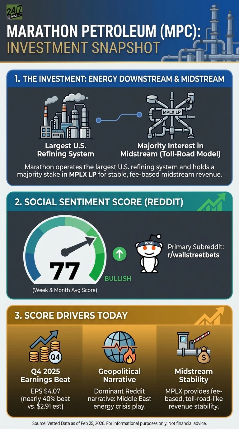 An infographic titled 'Marathon Petroleum (MPC): Investment Snapshot' on a dark blue background with a gold top banner and 24/7 Wall St logo. The infographic is divided into three main sections. Section 1, 'THE INVESTMENT: ENERGY DOWNSTREAM &amp; MIDSTREAM', shows two illustrated diagrams: a multi-building oil refinery labeled 'Largest U.S. Refining System' on the left, connected by a pipeline to a complex network of pipelines labeled 'MPLX LP' on the right, under which reads 'Majority Interest in Midstream (Toll-Road Model)'. Text below states: 'Marathon operates the largest U.S. refining system and holds a majority stake in MPLX LP for stable, fee-based midstream revenue.' Section 2, 'SOCIAL SENTIMENT SCORE (REDDIT)', features a large circular gauge showing a score of 77, with the needle pointing towards the green, bullish section. An upward green arrow and the word 'BULLISH' are next to it. Below the score is '(Week &amp; Month Avg Score)'. To the right, the Reddit alien mascot wearing a 'WSB' hat is shown, with text 'Primary Subreddit: r/wallstreetbets'. Section 3, 'SCORE DRIVERS TODAY', is a gold-colored panel with three square sub-sections. The first sub-section shows an icon of an upward-trending arrow over stacks of coins labeled 'Q4'. Text: 'Q4 2025 Earnings Beat - EPS $4.07 (nearly 40% beat vs. $2.91 est)'. The second sub-section shows an icon of a globe with a heartbeat line and a flame. Text: 'Geopolitical Narrative - Dominant Reddit narrative: Middle East energy crisis play.' The third sub-section shows an icon of a pipeline checkpoint with a money bag. Text: 'Midstream Stability - MPLX provides fee-based, toll-road-like revenue stability.' A footer at the bottom states: 'Source: Vetted Data as of Feb 25, 2026. For informational purposes only. Not financial advice.'