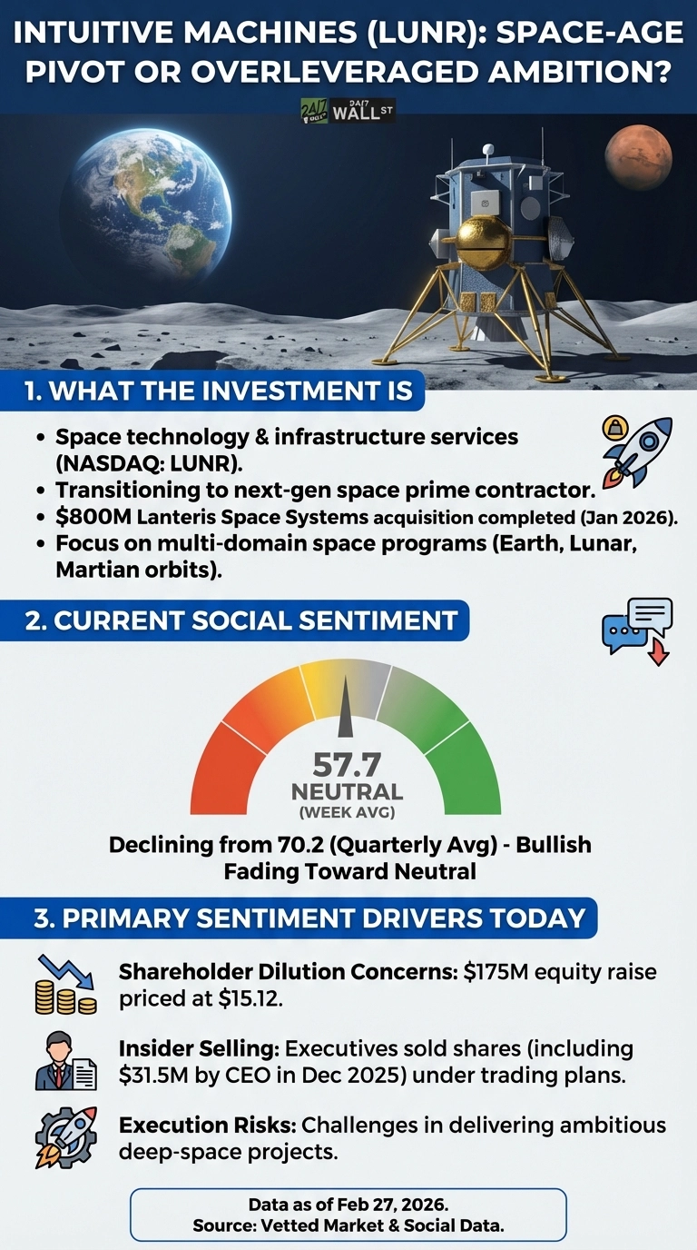 An infographic titled 'Intuitive Machines (LUNR): Space-Age Pivot or Overleveraged Ambition?' features sections on investment overview, current social sentiment, and primary sentiment drivers. The top section displays graphics of Earth, Mars, and a lunar lander on the moon's surface. The sentiment gauge indicates '57.7 NEUTRAL (WEEK AVG)', declining from a 70.2 quarterly average, showing bullish sentiment fading. Primary sentiment drivers listed are shareholder dilution concerns from a $175M equity raise priced at $15.12, insider selling by executives (including $31.5M by the CEO in December 2025), and execution risks for ambitious deep-space projects. Data is current as of February 27, 2026.