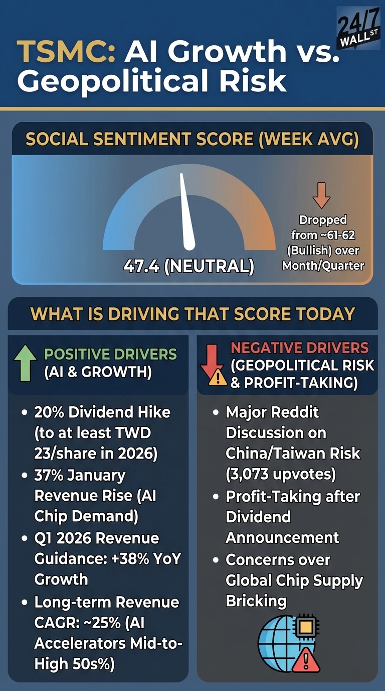 An infographic titled 'TSMC: AI Growth vs. Geopolitical Risk' on a dark blue background. The top section shows a 'SOCIAL SENTIMENT SCORE (WEEK AVG)' with a gauge indicating 47.4 (NEUTRAL). An orange downward arrow notes a drop from ~61-62 (Bullish) over Month/Quarter. The bottom section, 'WHAT IS DRIVING THAT SCORE TODAY', is divided into 'POSITIVE DRIVERS (AI &amp; GROWTH)' on the left with a green upward arrow, and 'NEGATIVE DRIVERS (GEOPOLITICAL RISK &amp; PROFIT-TAKING)' on the right with a red downward arrow and an exclamation mark icon. Positive drivers listed are: 20% Dividend Hike (to at least TWD 23/share in 2026), 37% January Revenue Rise (AI Chip Demand), Q1 2026 Revenue Guidance: +38% YoY Growth, Long-term Revenue CAGR: ~25% (AI Accelerators Mid-to-High 50s%). Negative drivers listed are: Major Reddit Discussion on China/Taiwan Risk (3,073 upvotes), Profit-Taking after Dividend Announcement, Concerns over Global Chip Supply Bricking, accompanied by an icon of a globe with a circuit board chip and a warning sign.