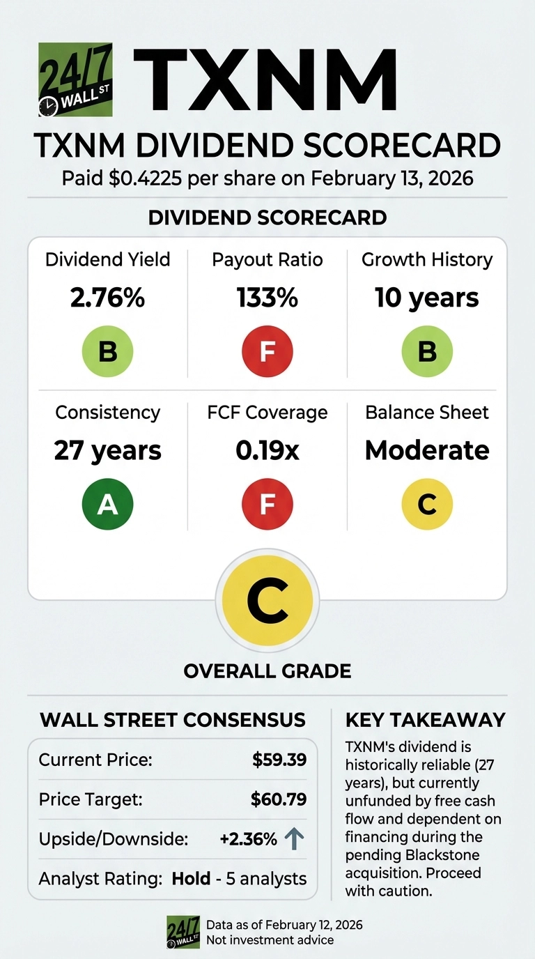 An infographic titled 'TXNM Dividend Scorecard'. The top section indicates a dividend of $0.4225 per share paid on February 13, 2026. The 'Dividend Scorecard' section shows: Dividend Yield 2.76% (Grade B), Payout Ratio 133% (Grade F), Growth History 10 years (Grade B), Consistency 27 years (Grade A), FCF Coverage 0.19x (Grade F), and Balance Sheet Moderate (Grade C). The overall grade is C. Below, 'Wall Street Consensus' lists Current Price: $59.39, Price Target: $60.79, Upside/Downside: +2.36%, and Analyst Rating: Hold - 5 analysts. A 'Key Takeaway' explains TXNM's dividend is historically reliable but unfunded by free cash flow and dependent on financing during a pending Blackstone acquisition. Data is as of February 12, 2026.