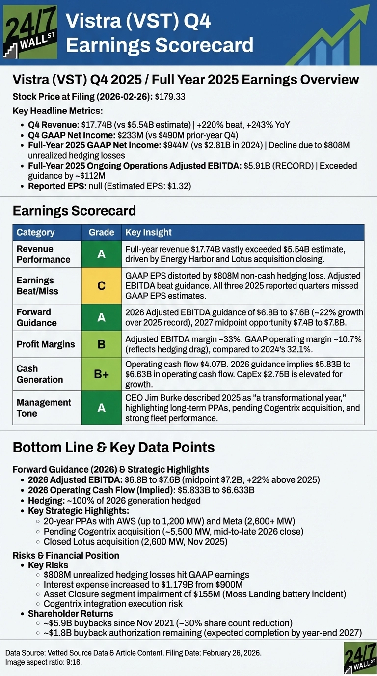 An infographic titled 'Vistra (VST) Q4 Earnings Scorecard' features a green and blue color scheme with a rising stock chart graphic. It presents Vistra's Q4 and Full Year 2025 earnings overview, including a stock price of $179.33 at a filing date of February 26, 2026. Key headline metrics detail Q4 revenue of $17.74B (beating estimates by $5.54B), Q4 GAAP net income of $233M, full-year GAAP net income of $944M, and full-year adjusted EBITDA of $5.91B. An 'Earnings Scorecard' table provides grades and insights for Revenue Performance (A), Earnings Beat/Miss (C), Forward Guidance (A), Profit Margins (B), Cash Generation (B+), and Management Tone (A). The 'Bottom Line &amp; Key Data Points' section outlines 2026 guidance, strategic highlights including PPAs with AWS and Meta, pending Cogentrix acquisition, and closed Lotus acquisition, key risks like $808M hedging losses and asset impairment, and shareholder returns such as $5.9B in buybacks since November 2021.