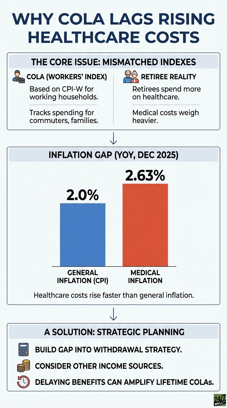 An infographic titled 'Why COLA Lags Rising Healthcare Costs'. The top section, 'The Core Issue: Mismatched Indexes', describes COLA (Workers' Index) as based on CPI-W for working households and tracking spending for commuters and families. In contrast, 'Retiree Reality' notes that retirees spend more on healthcare and medical costs weigh heavier. The middle section, 'Inflation Gap (YOY, DEC 2025)', features a bar chart showing 'General Inflation (CPI)' at 2.0% (blue bar) and 'Medical Inflation' at 2.63% (red bar), with text below stating 'Healthcare costs rise faster than general inflation.' The bottom section, 'A Solution: Strategic Planning', lists three points: 'Build gap into withdrawal strategy.', 'Consider other income sources.', and 'Delaying benefits can amplify lifetime COLAs.'