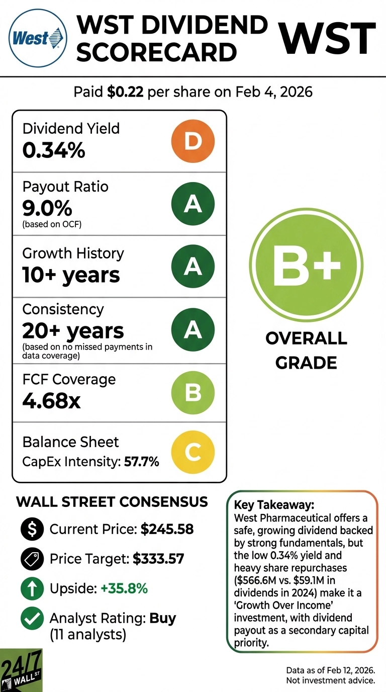 An infographic titled 'WST Dividend Scorecard' for West Pharmaceutical. The overall grade is B+ in a large green circle. A table on the left lists dividend metrics with their values and grades in colored circles: Dividend Yield 0.34% (D, orange), Payout Ratio 9.0% (A, green), Growth History 10+ years (A, green), Consistency 20+ years (A, green), FCF Coverage 4.68x (B, light green), Balance Sheet CapEx Intensity 57.7% (C, yellow). The infographic notes $0.22 per share was paid on Feb 4, 2026. Below this, a 'WALL STREET CONSENSUS' section shows Current Price: $245.58, Price Target: $333.57, Upside: +35.8%, and Analyst Rating: Buy (11 analysts). A 'Key Takeaway' box on the right describes WST as a 'Growth Over Income' investment due to its low yield and high share repurchases. The data is as of Feb 12, 2026.