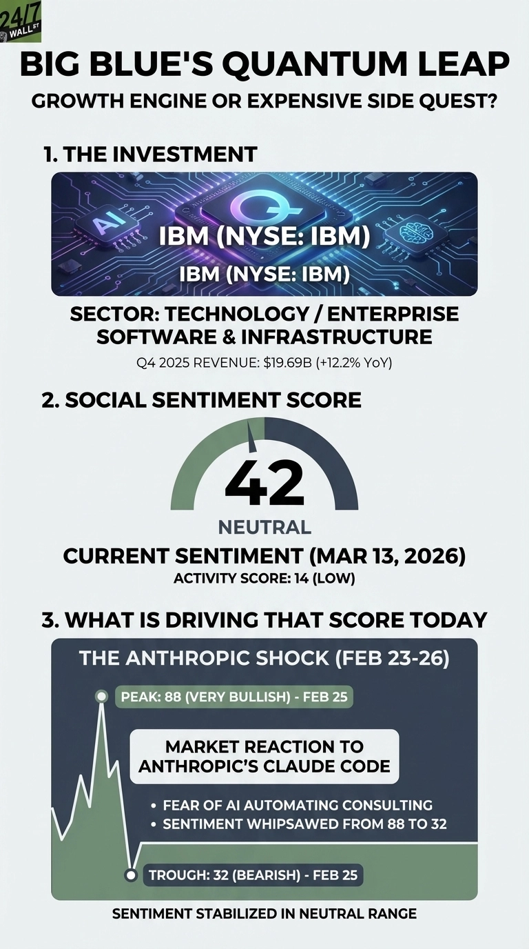 An infographic titled 'BIG BLUE'S QUANTUM LEAP: GROWTH ENGINE OR EXPENSIVE SIDE QUEST?' detailing IBM's social sentiment. Section 1, 'THE INVESTMENT,' shows 'IBM (NYSE: IBM)' with Q4 2025 revenue of $19.69B (+12.2% YoY) and its sector as Technology / Enterprise Software &amp; Infrastructure. Section 2, 'SOCIAL SENTIMENT SCORE,' displays a gauge pointing to '42 NEUTRAL' with the current sentiment date 'MAR 13, 2026' and an activity score of '14 (LOW).' Section 3, 'WHAT IS DRIVING THAT SCORE TODAY,' features a line graph depicting 'THE ANTHROPIC SHOCK (FEB 23-26).' It shows a peak of 88 (VERY BULLISH) on Feb 25 and a trough of 32 (BEARISH) on Feb 25, explaining this as 'MARKET REACTION TO ANTHROPIC'S CLAUDE CODE' driven by 'FEAR OF AI AUTOMATING CONSULTING' and 'SENTIMENT WHIPSAWED FROM 88 TO 32.' The section concludes, 'SENTIMENT STABILIZED IN NEUTRAL RANGE.'