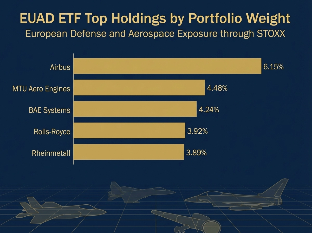 Horizontal bar chart showing the top five holdings by portfolio weight for the EUAD ETF. The holdings and their weights are: Airbus at 6.15%, MTU Aero Engines at 4.48%, BAE Systems at 4.24%, Rolls-Royce at 3.92%, and Rheinmetall at 3.89%. The chart uses a dark blue background with gold bars and text, and features outline illustrations of various fighter aircraft at the bottom.