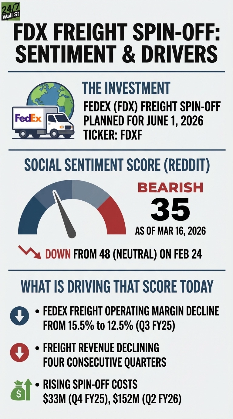 An infographic titled 'FDX FREIGHT SPIN-OFF: SENTIMENT &amp; DRIVERS'. The top section, 'THE INVESTMENT', features an illustration of a FedEx delivery truck in front of a globe, stating the FedEx (FDX) Freight spin-off is planned for June 1, 2026, with ticker FDXF. The middle section, 'SOCIAL SENTIMENT SCORE (REDDIT)', displays a gauge indicating 'BEARISH 35' as of Mar 16, 2026, with an arrow pointing down from 48 (Neutral) on Feb 24. The bottom section, 'WHAT IS DRIVING THAT SCORE TODAY', lists three bullet points with icons: a red down arrow for 'FedEx Freight operating margin decline from 15.5% to 12.5% (Q3 FY25)' and 'Freight revenue declining four consecutive quarters', and a green up arrow next to a money bag for 'Rising spin-off costs $33M (Q4 FY25), $152M (Q2 FY26)'.