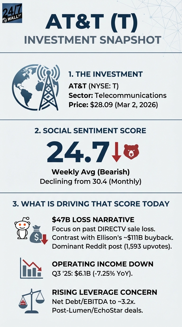 An infographic titled 'AT&T (T) Investment Snapshot' with a blue and white color scheme. Section 1, 'The Investment,' shows a globe and transmission tower icon, stating AT&T (NYSE: T), Sector: Telecommunications, Price: $28.09 (Mar 2, 2026). Section 2, 'Social Sentiment Score,' displays a large '24.7' with a red down arrow and a red bear icon, indicating 'Weekly Avg (Bearish)' and 'Declining from 30.4 (Monthly)'. Section 3, 'What is Driving That Score Today,' lists three factors with accompanying icons: '1. $47B LOSS NARRATIVE' with a Reddit alien and money bag with a down arrow, detailing 'Focus on past DIRECTV sale loss. Contrast with Ellison's ~$111B buyback. Dominant Reddit post (1,593 upvotes).' '2. OPERATING INCOME DOWN' with a bar chart and red down arrow, stating 'Q3 '25: $6.1B (-7.25% YoY).' '3. RISING LEVERAGE CONCERN' with a balance scale icon with 'DEBT' on one side, stating 'Net Debt/EBITDA to ~3.2x. Post-Lumen/EchoStar deals.'