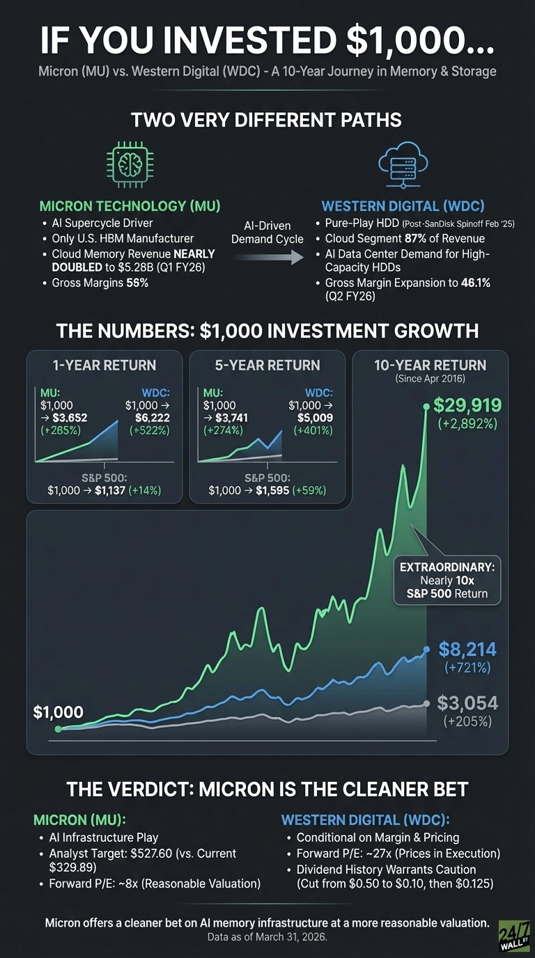 An infographic titled 'If You Invested $1,000...' comparing Micron (MU) and Western Digital (WDC) over a 10-year journey in memory and storage. It is divided into three main sections. The first section, 'Two Very Different Paths,' highlights company specifics for Micron Technology (MU) including being an AI Supercycle Driver and the only U.S. HBM Manufacturer, with cloud memory revenue nearly doubled to $5.28B (Q1 FY26) and 56% gross margins. For Western Digital (WDC), it notes its pure-play HDD focus post-SanDisk spinoff (Feb '25), 87% cloud segment revenue, and 46.1% gross margin expansion (Q2 FY26), both influenced by an AI-Driven Demand Cycle. The second section, 'The Numbers: $1,000 Investment Growth,' shows returns over 1, 5, and 10 years. For 1-year, MU grew to $3,652 (+265%), WDC to $6,222 (+522%), and S&amp;P 500 to $1,137 (+14%). For 5-year, MU grew to $3,741 (+274%), WDC to $5,009 (+401%), and S&amp;P 500 to $1,595 (+59%). A large line chart displays 10-year returns from an initial $1,000 since April 2016: Micron reached $29,919 (+2,892%), Western Digital reached $8,214 (+721%), and the S&amp;P 500 reached $3,054 (+205%). Micron's 10-year return is labeled 'EXTRAORDINARY: Nearly 10x S&amp;P 500 Return.' The final section, 'The Verdict: Micron is the Cleaner Bet,' lists Micron's attributes as an AI Infrastructure Play with an analyst target of $527.60 (vs. current $329.89) and a forward P/E of ~8x (reasonable valuation). Western Digital's points include conditional reliance on margin and pricing, a forward P/E of ~27x (prices in execution), and dividend history caution (cut from $0.50 to $0.10, then $0.125). A concluding statement reads: 'Micron offers a cleaner bet on AI memory infrastructure at a more reasonable valuation.' All data is as of March 31, 2026.