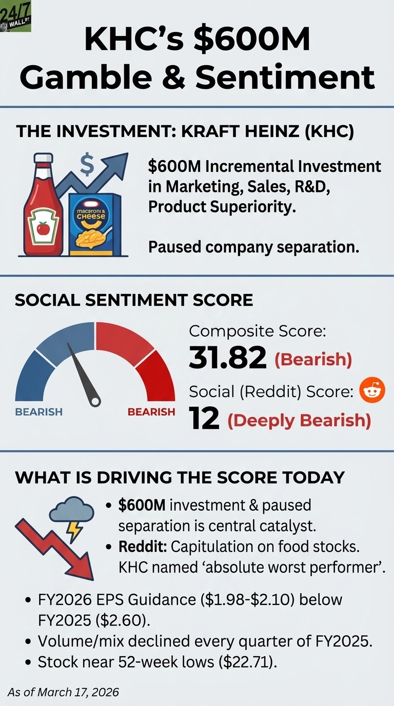 An infographic titled 'KHC's $600M Gamble &amp; Sentiment' as of March 17, 2026, from 24/7 WALL ST. The top section, 'THE INVESTMENT: KRAFT HEINZ (KHC)', features an illustration of a ketchup bottle and a macaroni &amp; cheese box with a dollar sign and an upward arrow, indicating a $600M incremental investment in marketing, sales, R&amp;D, and product superiority, along with a paused company separation. The middle section, 'SOCIAL SENTIMENT SCORE', displays a gauge showing a needle pointing to the red 'BEARISH' zone. The composite score is 31.82 (Bearish), and the Social (Reddit) Score is 12 (Deeply Bearish), accompanied by a Reddit logo. The bottom section, 'WHAT IS DRIVING THE SCORE TODAY', lists factors with a red downward arrow icon: the $600M investment and paused separation as a central catalyst, Reddit's 'capitulation on food stocks' naming KHC an 'absolute worst performer', FY2026 EPS Guidance ($1.98-$2.10) below FY2025 ($2.60), volume/mix declining every quarter of FY2025, and the stock being near 52-week lows ($22.71).