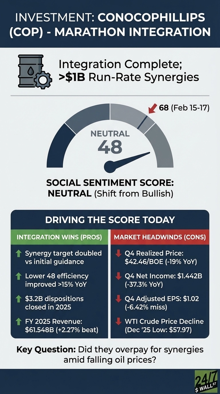 An infographic titled 'Investment: ConocoPhillips (COP) - Marathon Integration'. It features an oil barrel and gear icon. A gauge chart indicates a 'Social Sentiment Score: Neutral 48' with a pointer. A red arrow points to a previous score of 68 (Feb 15-17) on the gauge. Below, a section titled 'Driving The Score Today' is divided into two columns. The left column, 'Integration Wins (Pros)' with green upward arrows, lists: 'Synergy target doubled vs initial guidance', 'Lower 48 efficiency improved >15% YoY', '$3.2B dispositions closed in 2025', and 'FY 2025 Revenue: $61.548B (+2.27% beat)'. The right column, 'Market Headwinds (Cons)' with red downward arrows, lists: 'Q4 Realized Price: $42.46/BOE (-19% YoY)', 'Q4 Net Income: $1.442B (-37.3% YoY)', 'Q4 Adjusted EPS: $1.02 (-6.42% miss)', and 'WTI Crude Price Decline (Dec '25 Low: $57.97)'. At the bottom, a 'Key Question:' is posed: 'Did they overpay for synergies amid falling oil prices?' The 24/7 Wall St. logo is in the bottom right corner.