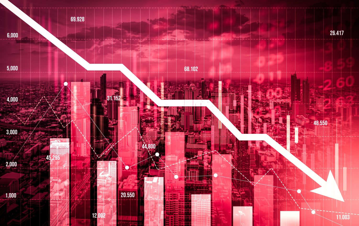 Stock market crash, declined economic, graph falling down and digital indicators overlaps modernistic city. Double exposure.