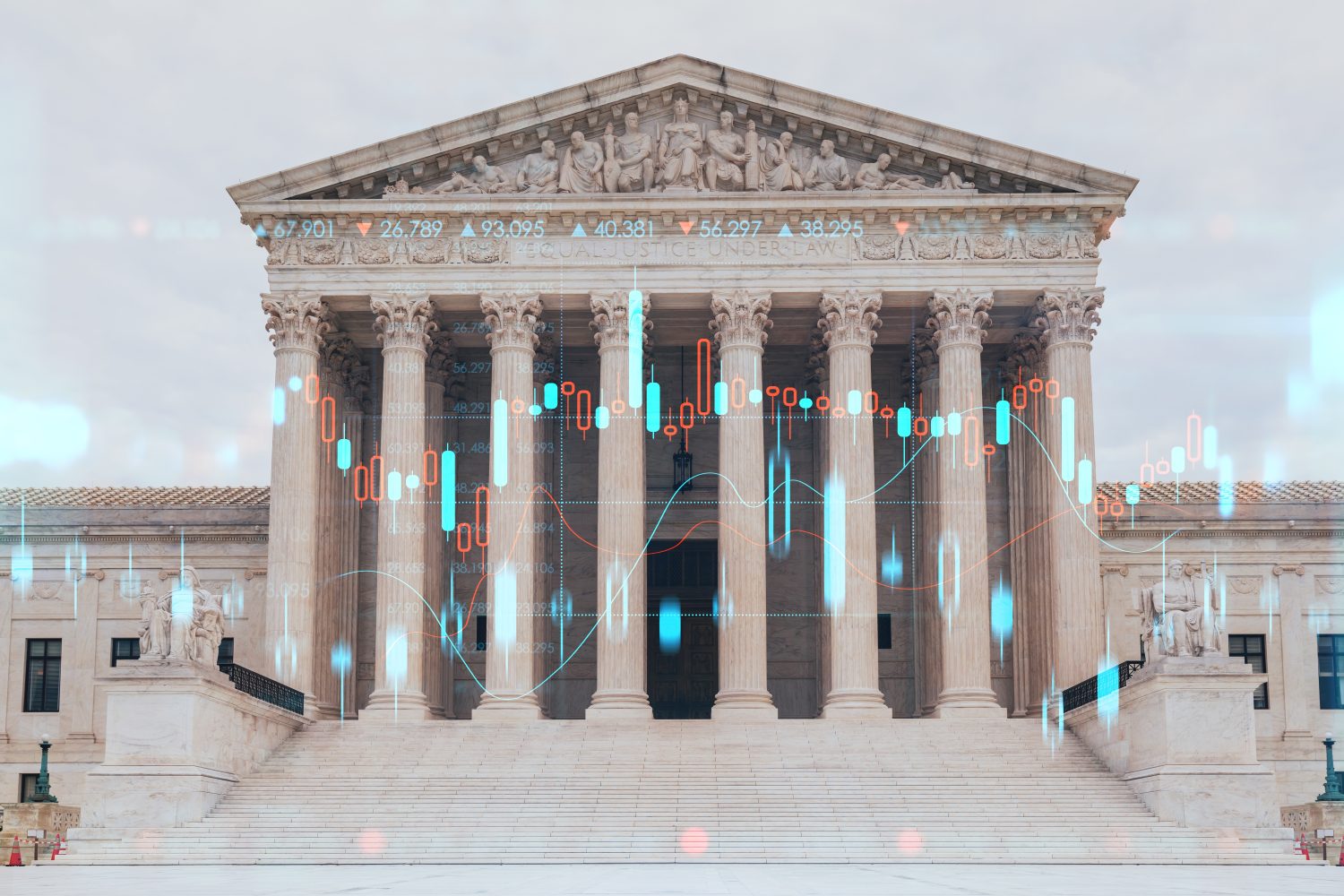 Front view of the iconic building of United States Supreme Court at day time, Washington DC, USA. Judicial branch. Forex candlestick graph hologram. Concept of internet trading, brokerage, analysis