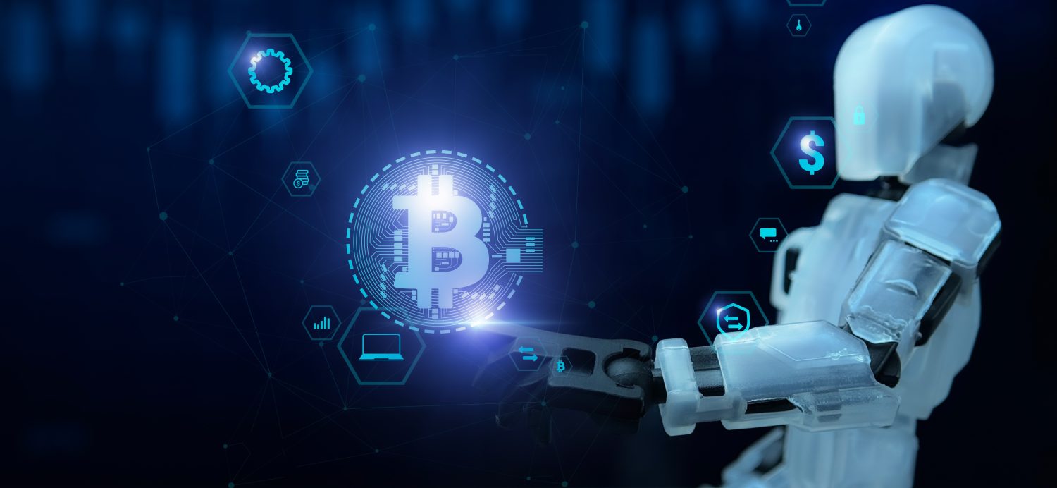 Edge Robotic Hand Mastering Bitcoin. A Striking Representation of AI and Cryptocurrency Integration in a Modern Blue Digital Realm