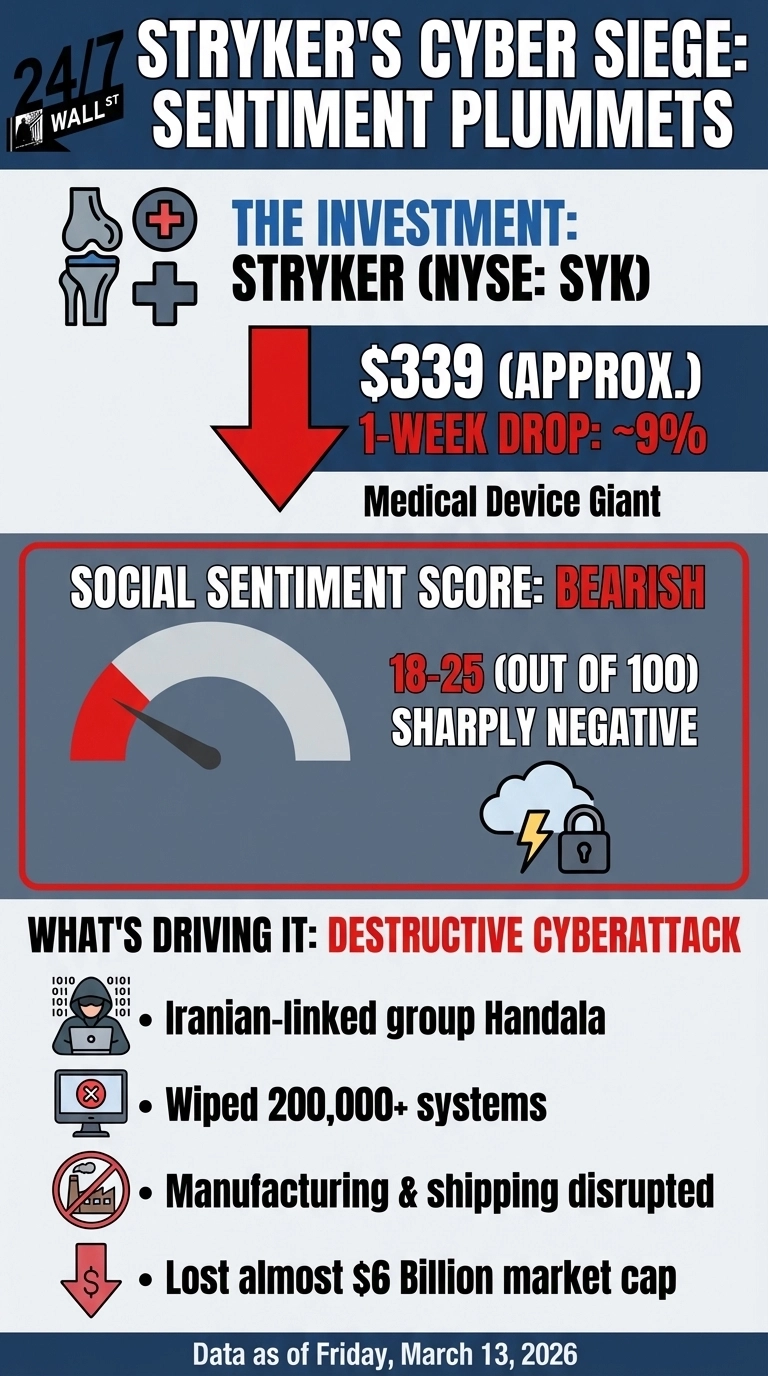An infographic titled 'Stryker's Cyber Siege: Sentiment Plummets'. It features information about Stryker (NYSE: SYK), identified as a medical device giant. A large red downward arrow points to a stock price of '$339 (Approx.)' and notes a '1-Week Drop: ~9%'. Below, a social sentiment gauge shows the needle in the red section, indicating a 'BEARISH' score of '18-25 (Out of 100) SHARPLY NEGATIVE'. Adjacent to the gauge is an icon of a cloud with a lightning bolt and a padlock, symbolizing a cyberattack. A section titled 'WHAT'S DRIVING IT: DESTRUCTIVE CYBERATTACK' lists four bullet points with corresponding icons: 'Iranian-linked group Handala' with a hacker icon, 'Wiped 200,000+ systems' with a broken computer screen icon, 'Manufacturing &amp; shipping disrupted' with a factory crossed out icon, and 'Lost almost $6 Billion market cap' with a downward dollar arrow icon. The infographic footer states 'Data as of Friday, March 13, 2026'.