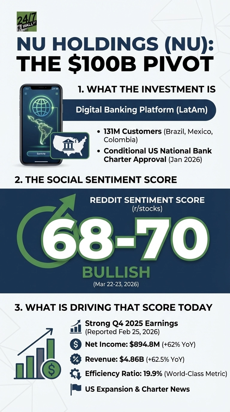 An infographic titled 'NU HOLDINGS (NU): THE $100B PIVOT' with a green and dark blue color scheme. Section 1, 'WHAT THE INVESTMENT IS,' features a smartphone showing a global map and a US map with a bank icon, describing Nu as a 'Digital Banking Platform (LatAm)' with '131M Customers' and 'Conditional US National Bank Charter Approval (Jan 2026).' Section 2, 'THE SOCIAL SENTIMENT SCORE,' displays a large green circular arrow graphic surrounding the white numbers '68-70' with 'BULLISH' text below, indicating a 'Reddit Sentiment Score (r/stocks)' from 'Mar 22-23, 2026.' Section 3, 'WHAT IS DRIVING THAT SCORE TODAY,' lists bullet points with icons: a bar chart for 'Strong Q4 2025 Earnings (Reported Feb 25, 2026),' a dollar sign for 'Net Income: $894.8M (+62% YoY),' a percentage sign for 'Revenue: $4.86B (+62.5% YoY),' a gear for 'Efficiency Ratio: 19.9% (World-Class Metric),' and a flag for 'US Expansion &amp; Charter News.'