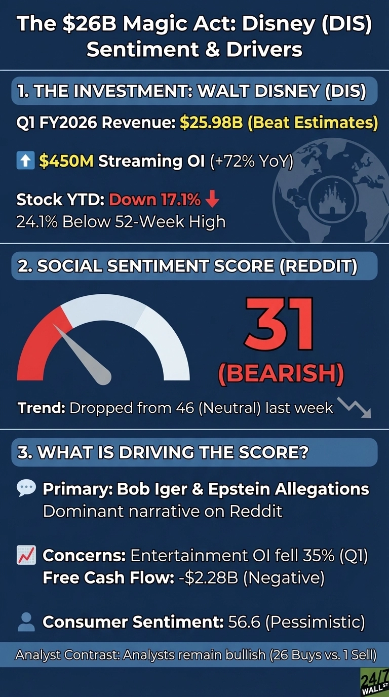 An infographic on a dark blue background titled 'The $26B Magic Act: Disney (DIS) Sentiment &amp; Drivers'. Section 1, 'The Investment: Walt Disney (DIS)', displays Q1 FY2026 Revenue of $25.98B (Beat Estimates), $450M Streaming OI (+72% YoY), Stock YTD Down 17.1%, and 24.1% Below 52-Week High. Section 2, 'Social Sentiment Score (Reddit)', features a red and white gauge indicating a score of 31 (Bearish), with the trend showing a drop from 46 (Neutral) last week. Section 3, 'What Is Driving The Score?', lists 'Primary: Bob Iger &amp; Epstein Allegations (Dominant narrative on Reddit)', 'Concerns: Entertainment OI fell 35% (Q1), Free Cash Flow: -$2.28B (Negative)', and 'Consumer Sentiment: 56.6 (Pessimistic)'. It concludes with 'Analyst Contrast: Analysts remain bullish (26 Buys vs. 1 Sell)'.