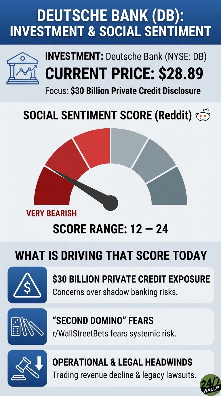 An infographic titled 'DEUTSCHE BANK (DB): INVESTMENT &amp; SOCIAL SENTIMENT'. The investment section lists Deutsche Bank (NYSE: DB), Current Price: $28.89, and Focus: $30 Billion Private Credit Disclosure. Below, a circular social sentiment gauge for Reddit shows a needle pointing to the 'VERY BEARISH' red section, with a score range of 12-24. Three drivers for this score are listed: '$30 BILLION PRIVATE CREDIT EXPOSURE: Concerns over shadow banking risks.', '