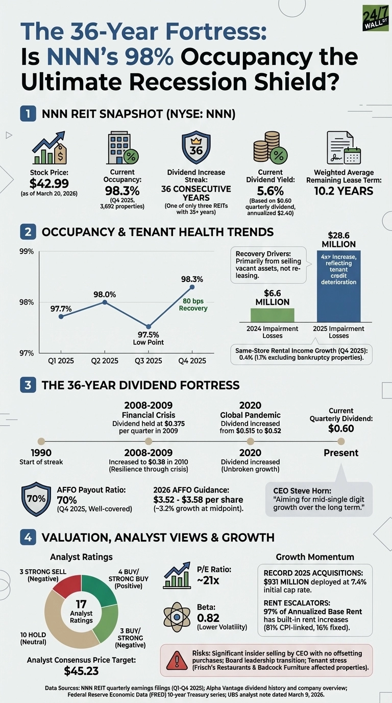 An infographic titled 'The 36-Year Fortress: Is NNN's 98% Occupancy the Ultimate Recession Shield?' presents NNN REIT's financial data. It is divided into four sections. Section 1, 'NNN REIT SNAPSHOT,' displays key metrics: Stock Price $42.99 (as of March 20, 2026), Current Occupancy 98.3% (Q4 2025), a 36 CONSECUTIVE YEARS Dividend Increase Streak, Current Dividend Yield 5.6%, and Weighted Average Remaining Lease Term 10.2 YEARS. Section 2, 'OCCUPANCY &amp; TENANT HEALTH TRENDS,' features a line graph showing occupancy percentages from Q1 2025 (97.7%) to Q4 2025 (98.3% after a low of 97.5% in Q3 2025), and bar charts for 2024 ($6.6 MILLION) and 2025 ($28.6 MILLION) Impairment Losses. Section 3, 'THE 36-YEAR DIVIDEND FORTRESS,' is a timeline illustrating dividend history from 1990, through the 2008-2009 Financial Crisis and 2020 Global Pandemic, to the Current Quarterly Dividend of $0.60. It also shows a 70% AFFO Payout Ratio (Q4 2025) and 2026 AFFO Guidance ($3.52-$3.58 per share). Section 4, 'VALUATION, ANALYST VIEWS &amp; GROWTH,' includes a pie chart titled 'Analyst Ratings' with a total of '17 Analyst Ratings', showing segments for 4 BUY/STRONG BUY (Positive), 10 HOLD (Neutral), and 3 STRONG SELL (Negative), as well as a P/E Ratio of ~21x, a Beta of 0.82, and an Analyst Consensus Price Target of $45.23. Details on Growth Momentum for 2025 Acquisitions ($931 MILLION) and Rent Escalators (97% with built-in increases) are provided, along with identified Risks such as insider selling and tenant stress.