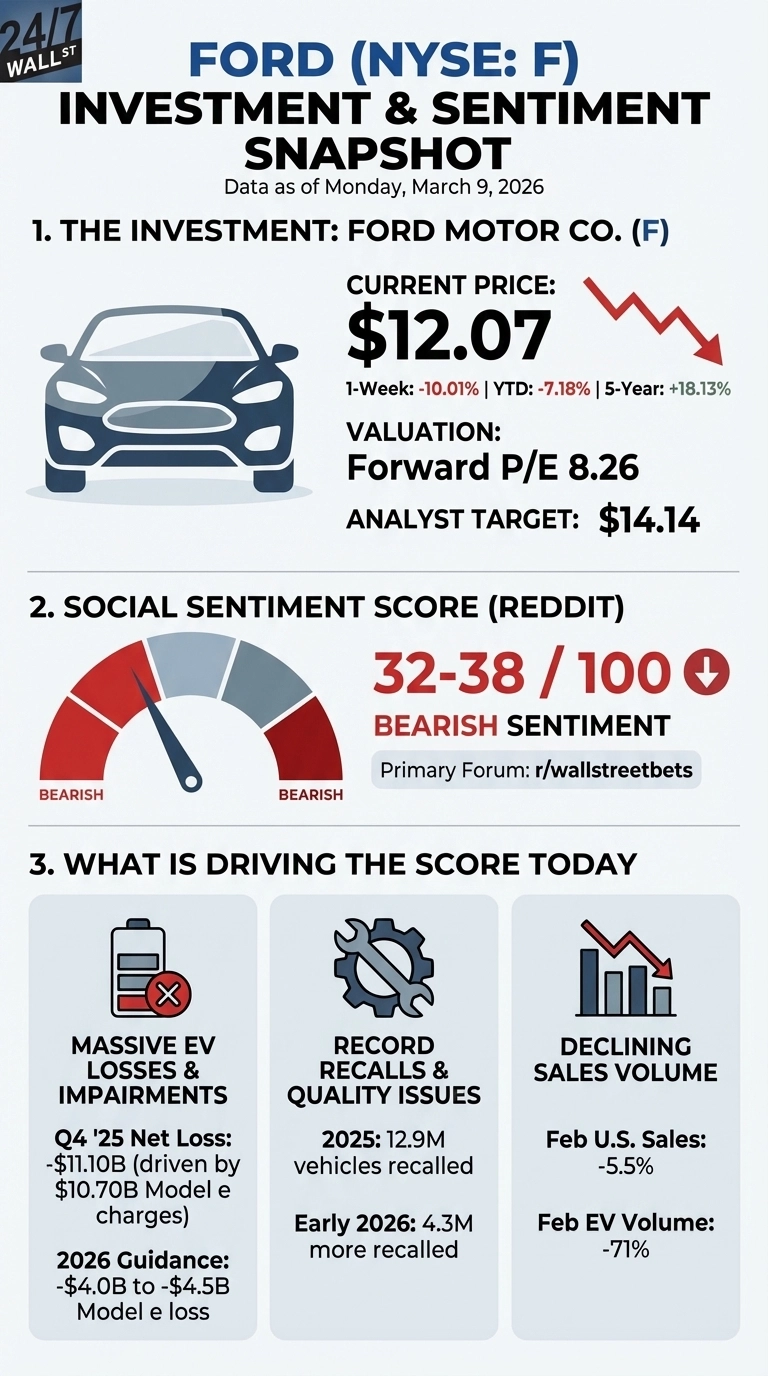 An infographic titled 'Ford (NYSE: F) Investment &amp; Sentiment Snapshot' with data as of Monday, March 9, 2026. Section 1, 'The Investment: Ford Motor Co. (F)', features a car icon and lists: Current Price: $12.07 with a downward red arrow, 1-Week: -10.01%, YTD: -7.18%, 5-Year: +18.13%, Valuation: Forward P/E 8.26, and Analyst Target: $14.14. Section 2, 'Social Sentiment Score (Reddit)', shows a gauge pointing to '32-38 / 100' in the red 'Bearish' zone, labeled 'Bearish Sentiment', with 'Primary Forum: r/wallstreetbets'. Section 3, 'What is Driving the Score Today', displays three boxes: The first, 'Massive EV Losses &amp; Impairments' with a battery icon, states 'Q4 '25 Net Loss: -$11.10B (driven by $10.70B Model e charges)' and '2026 Guidance: -$4.0B to -$4.5B Model e loss'. The second, 'Record Recalls &amp; Quality Issues' with a wrench and gear icon, notes '2025: 12.9M vehicles recalled' and 'Early 2026: 4.3M more recalled'. The third, 'Declining Sales Volume' with a bar chart icon, reports 'Feb U.S. Sales: -5.5%' and 'Feb EV Volume: -71%'.