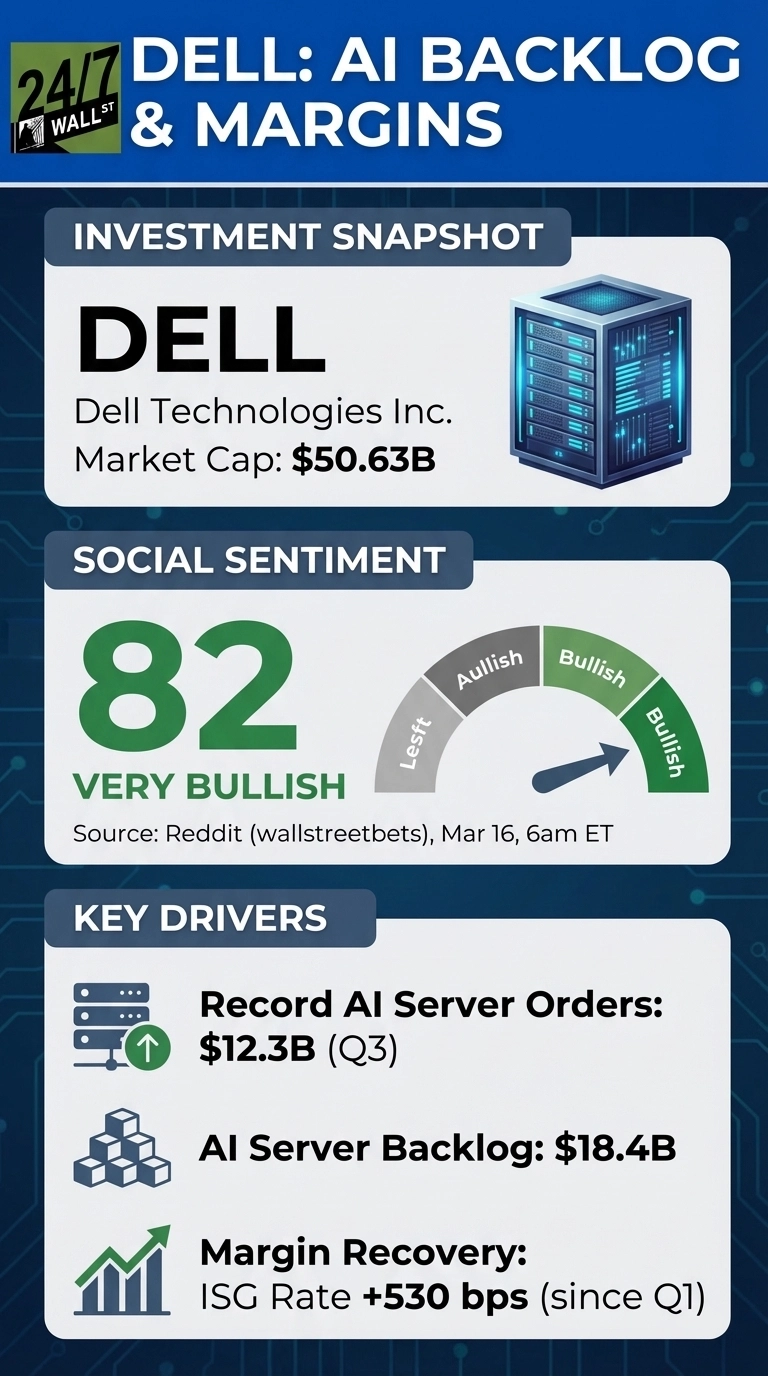 An infographic with a blue header featuring 'DELL: AI BACKLOG &amp; MARGINS' and the '24/7 WALL ST' logo. Below, three main sections are displayed on a light gray background with subtle circuit board patterns. The 'INVESTMENT SNAPSHOT' section shows 'DELL (Dell Technologies Inc.)' with a market cap of '$50.63B' and an icon of a server rack. The 'SOCIAL SENTIMENT' section displays a large green '82' with 'VERY BULLISH' below it, alongside a sentiment gauge showing an arrow pointing to 'Bullish' on the far right. The source is 'Reddit (wallstreetbets), Mar 16, 6am ET'. The 'KEY DRIVERS' section lists three bullet points with icons: 'Record AI Server Orders: $12.3B (Q3)' with a server stack and an upward arrow, 'AI Server Backlog: $18.4B' with stacked cubes, and 'Margin Recovery: ISG Rate +530 bps (since Q1)' with a green upward-trending bar chart.