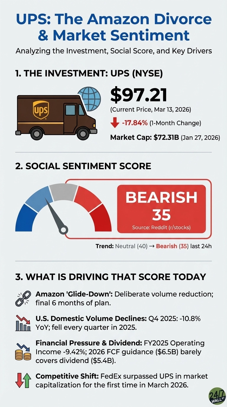 An infographic titled 'UPS: The Amazon Divorce &amp; Market Sentiment' and subtitled 'Analyzing the Investment, Social Score, and Key Drivers'. Section 1, 'THE INVESTMENT: UPS (NYSE)', shows a UPS delivery truck next to a globe. Text indicates a price of $97.21 (Current Price, Mar 13, 2026), a 1-Month Change of -17.84% (down arrow), and Market Cap: $72.31B (Jan 27, 2026). Section 2, 'SOCIAL SENTIMENT SCORE', features a gauge with a needle pointing to the red section, labeled 'BEARISH 35', with 'Source: Reddit (r/stocks)' below. A trend is noted as 'Neutral (40) -> Bearish (35) last 24h'. Section 3, 'WHAT IS DRIVING THAT SCORE TODAY', lists four points with icons: 1. A chain link icon for 'Amazon 'Glide-Down': Deliberate volume reduction; final 6 months of plan.' 2. A bar chart with a down arrow icon for 'U.S. Domestic Volume Declines: Q4 2025: -10.8% YoY; fell every quarter in 2025.' 3. A stack of coins with a lightning bolt icon for 'Financial Pressure &amp; Dividend: FY2025 Operating Income -9.42%; 2026 FCF guidance ($6.5B) barely covers dividend ($5.4B).' 4. Up and down arrows icon for 'Competitive Shift: FedEx surpassed UPS in market capitalization for the first time in March 2026.'