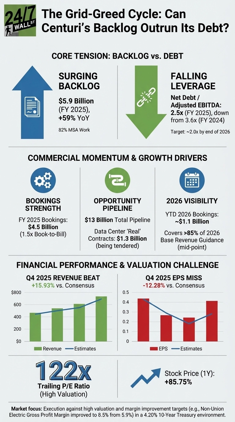 An infographic from 24/7 Wall St. titled 'The Grid-Greed Cycle: Can Centuri’s Backlog Outrun Its Debt?'. The infographic is structured into three main sections. The first section, 'Core Tension: Backlog vs. Debt', presents two vertical panels. The left panel, 'Surging Backlog', features a large blue upward arrow with a document icon, stating a $5.9 Billion backlog for FY 2025, +59% YoY, with 82% MSA Work. The right panel, 'Falling Leverage', features a large green downward arrow with a broken chain icon, indicating Net Debt / Adjusted EBITDA of 2.5x for FY 2025, down from 3.6x for FY 2024, targeting ~2.0x by end of 2026. The second section, 'Commercial Momentum &amp; Growth Drivers', displays three square panels. 'Bookings Strength' reports FY 2025 Bookings of $4.5 Billion (1.5x Book-to-Bill). 'Opportunity Pipeline' shows a $13 Billion Total Pipeline and Data Center 'Real' Contracts of $1.3 Billion (being tendered). '2026 Visibility' notes YTD 2026 Bookings of ~$1.1 Billion, covering >85% of 2026 Base Revenue Guidance (mid-point). The third section, 'Financial Performance &amp; Valuation Challenge', includes four components. A green bar chart titled 'Q4 2025 Revenue Beat' shows revenue consistently above estimates, with a +15.93% beat vs. Consensus. A red bar chart titled 'Q4 2025 EPS Miss' shows EPS below estimates for Q4, with a -12.28% miss vs. Consensus. A large text display shows '122x Trailing P/E Ratio (High Valuation)'. An upward blue arrow indicates 'Stock Price (1Y): +85.75%'. A final market focus note at the bottom details 'Execution against high valuation and margin improvement targets (e.g., Non-Union Electric Gross Profit Margin improved to 8.5% from 5.9%) in a 4.20% 10-Year Treasury environment.'