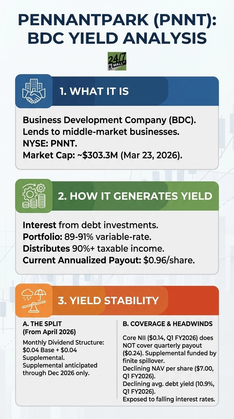 An infographic titled 'PennantPark (PNNT): BDC Yield Analysis'. It is structured into three main sections. Section 1, 'What It Is', describes PNNT as a Business Development Company (BDC) that lends to middle-market businesses, listed on NYSE as PNNT, with a market cap of ~$303.3M as of Mar 23, 2026. Section 2, 'How It Generates Yield', states it derives interest from debt investments, has an 89-91% variable-rate portfolio, distributes 90%+ taxable income, and has a current annualized payout of $0.96/share. Section 3, 'Yield Stability', is divided into 'A. The Split (From April 2026)' and 'B. Coverage &amp; Headwinds'. Part A details a monthly dividend structure of $0.04 Base + $0.04 Supplemental, with the supplemental anticipated through Dec 2026 only. Part B lists headwinds: Core NII ($0.14, Q1 FY2026) does NOT cover quarterly payout ($0.24), supplemental funded by finite spillover, declining NAV per share ($7.00, Q1 FY2026), declining average debt yield (10.9%, Q1 FY2026), and exposure to falling interest rates.