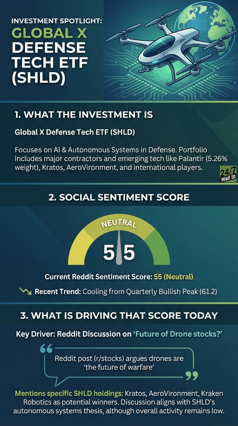 An infographic titled 'INVESTMENT SPOTLIGHT: GLOBAL X DEFENSE TECH ETF (SHLD)' on a dark blue background. The top section features a white drone above a green circuit board pattern with a globe. Section 1, 'WHAT THE INVESTMENT IS', details SHLD's focus on AI &amp; Autonomous Systems in Defense, listing holdings like Palantir, Kratos, and AeroVironment. Section 2, 'SOCIAL SENTIMENT SCORE', displays a sentiment gauge with a needle pointing to 'NEUTRAL' at 55, indicating the current Reddit sentiment score. The trend is described as 'Cooling from Quarterly Bullish Peak (61.2)'. Section 3, 'WHAT IS DRIVING THAT SCORE TODAY', highlights Reddit discussions on 'Future of Drone stocks?' and a quote stating 'drones are the future of warfare'. Specific SHLD holdings like Kratos, AeroVironment, and Kraken Robotics are mentioned as potential winners.