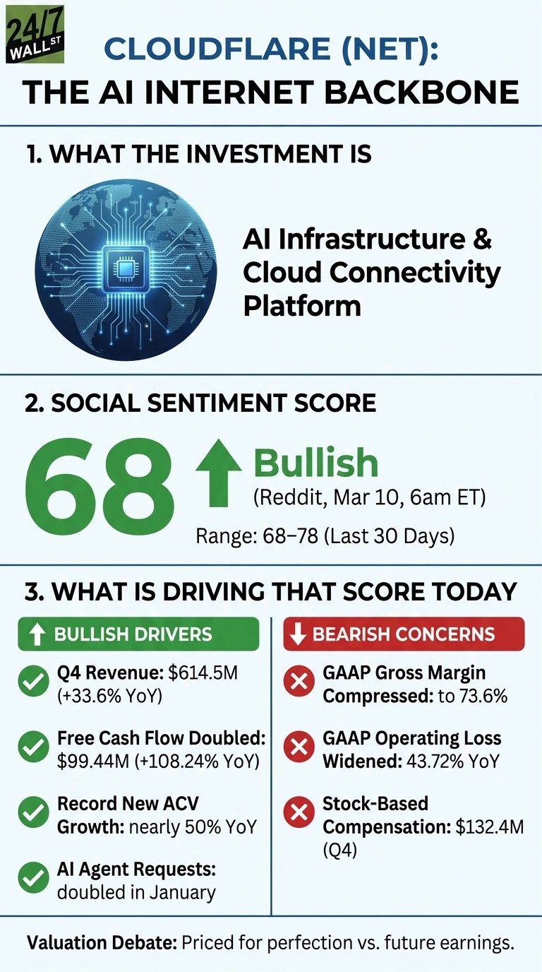 An infographic titled 'Cloudflare (NET): The AI Internet Backbone' presents investment information and social sentiment. Section 1 describes the investment as an 'AI Infrastructure &amp; Cloud Connectivity Platform' with an icon of a globe and circuit board. Section 2 shows a 'Social Sentiment Score' of 68, marked as Bullish, originating from Reddit on March 10, 6am ET, within a range of 68-78 over the last 30 days. Section 3, 'What is Driving That Score Today', lists 'Bullish Drivers' in green boxes with checkmarks: Q4 Revenue of $614.5M (+33.6% YoY), Free Cash Flow Doubled to $99.44M (+108.24% YoY), Record New ACV Growth of nearly 50% YoY, and AI Agent Requests doubled in January. 'Bearish Concerns' are listed in red boxes with 'X' marks: GAAP Gross Margin Compressed to 73.6%, GAAP Operating Loss Widened by 43.72% YoY, and Stock-Based Compensation of $132.4M for Q4. The infographic concludes with a note on the 'Valuation Debate: Priced for perfection vs. future earnings.'