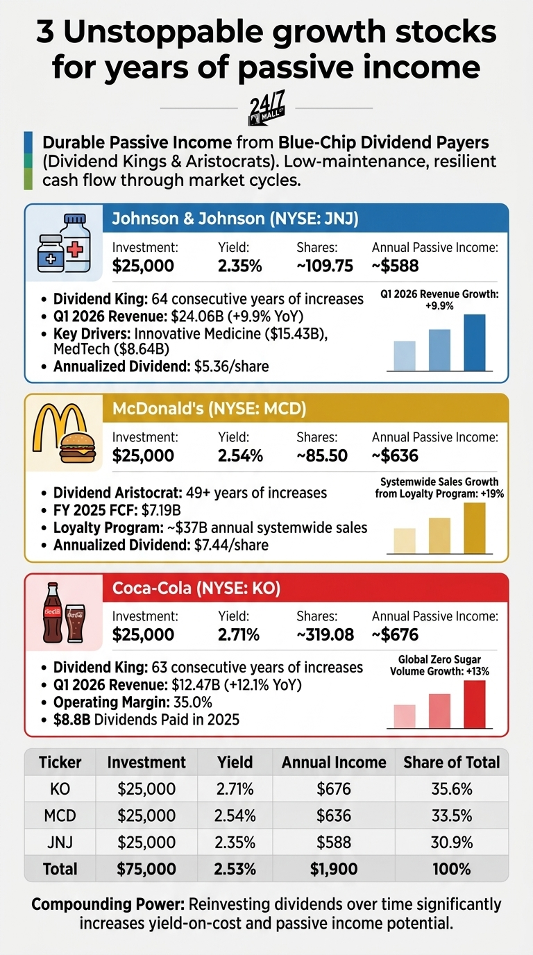 An infographic titled '3 Unstoppable growth stocks for years of passive income'. It features a header about durable passive income from blue-chip dividend payers. Below this, there are three distinct sections, each dedicated to a company. The first section, in blue, is for Johnson &amp; Johnson (NYSE: JNJ), showing an investment of $25,000, a yield of 2.35%, approximately 109.75 shares, and an annual passive income of approximately $588. Bullet points detail it as a Dividend King with 64 consecutive years of increases, Q1 2026 revenue of $24.06B (+9.9% YoY), key drivers, and an annualized dividend of $5.36/share, accompanied by a Q1 2026 Revenue Growth bar chart. The second section, in gold, is for McDonald's (NYSE: MCD), showing an investment of $25,000, a yield of 2.54%, approximately 85.50 shares, and an annual passive income of approximately $636. Bullet points detail it as a Dividend Aristocrat with 49+ years of increases, FY 2025 FCF of $7.19B, loyalty program sales, and an annualized dividend of $7.44/share, accompanied by a Systemwide Sales Growth from Loyalty Program bar chart (+19%). The third section, in red, is for Coca-Cola (NYSE: KO), showing an investment of $25,000, a yield of 2.71%, approximately 319.08 shares, and an annual passive income of approximately $676. Bullet points detail it as a Dividend King with 63 consecutive years of increases, Q1 2026 revenue of $12.47B (+12.1% YoY), operating margin, and $8.8B dividends paid in 2025, accompanied by a Global Zero Sugar Volume Growth bar chart (+13%). A summary table at the bottom lists KO, MCD, and JNJ with their respective investment ($25,000 each), yield (2.71%, 2.54%, 2.35%), annual income ($676, $636, $588), and share of total (35.6%, 33.5%, 30.9%). The total investment is $75,000, total yield 2.53%, and total annual income $1,900. A concluding note emphasizes the compounding power of reinvesting dividends.