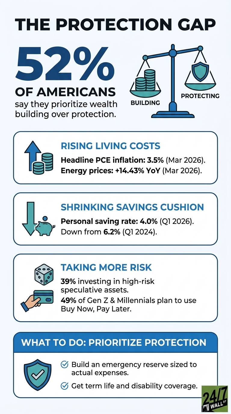An infographic titled 'The Protection Gap' displays financial statistics and advice. The top section highlights that '52% OF AMERICANS say they prioritize wealth building over protection,' illustrated by a blue balance scale with a stack of coins labeled 'BUILDING' outweighing a shield labeled 'PROTECTING.' Three subsequent sections detail contributing factors: 'RISING LIVING COSTS' with an upward arrow and coins, stating 'Headline PCE inflation: 3.5% (Mar 2026)' and 'Energy prices: +14.43% YoY (Mar 2026).' 'SHRINKING SAVINGS CUSHION' with a downward arrow and a piggy bank, noting 'Personal saving rate: 4.0% (Q1 2026). Down from 6.2% (Q1 2024).' And 'TAKING MORE RISK' with a dice and a credit card icon, reporting '39% investing in high-risk speculative assets' and '49% of Gen Z &amp; Millennials plan to use Buy Now, Pay Later.' The final section, 'WHAT TO DO: PRIORITIZE PROTECTION,' features a shield with a checkmark and two recommendations: 'Build an emergency reserve sized to actual expenses' and 'Get term life and disability coverage.' The '24/7 WALL ST' logo is in the bottom right.