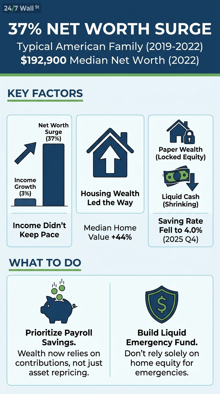 An infographic titled '37% NET WORTH SURGE' showing financial data for typical American families from 2019 to 2022. The top section states '$192,900 Median Net Worth (2022)'. Below, a 'KEY FACTORS' section has three panels. The first shows a bar chart comparing 'Income Growth (3%)' to 'Net Worth Surge (37%)', with text 'Income Didn't Keep Pace'. The second panel features a house icon with an upward arrow, indicating 'Housing Wealth Led the Way' and 'Median Home Value +44%'. The third panel displays icons for 'Paper Wealth (Locked Equity)' (a house with a lock) and 'Liquid Cash (Shrinking)' (money with a downward arrow), with text 'Saving Rate Fell to 4.0% (2025 Q4)'. The bottom section, 'WHAT TO DO', presents two panels. One shows a piggy bank with coins, advising 'Prioritize Payroll Savings. Wealth now relies on contributions, not just asset repricing.' The other shows a shield with a dollar sign, recommending 'Build Liquid Emergency Fund. Don't rely solely on home equity for emergencies.'