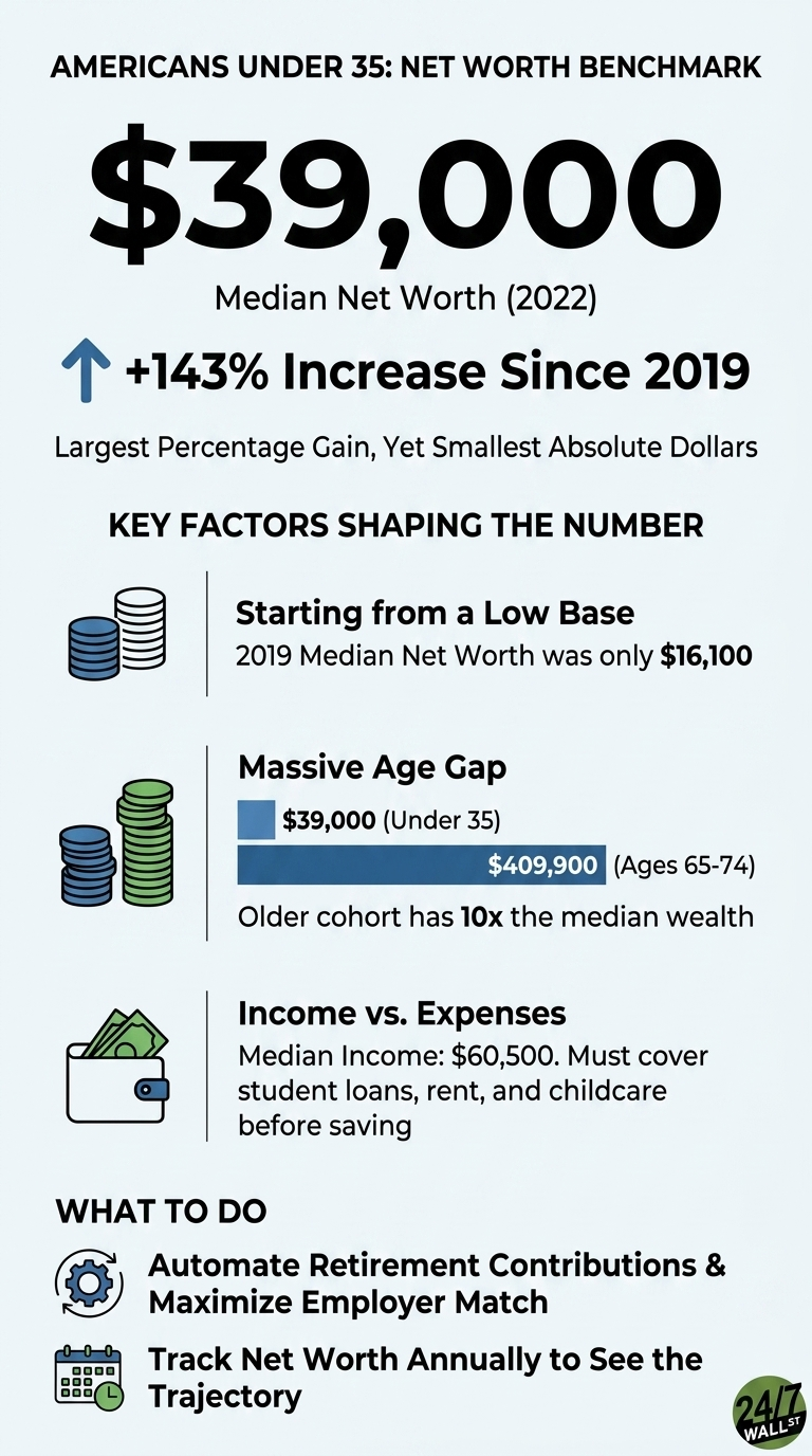 An infographic titled 'Americans Under 35: Net Worth Benchmark'. The main number displayed is '$39,000 Median Net Worth (2022)', with an arrow indicating a '+143% Increase Since 2019', noting it's the 'Largest Percentage Gain, Yet Smallest Absolute Dollars'. Below, 'KEY FACTORS SHAPING THE NUMBER' are listed: 'Starting from a Low Base' (2019 Median Net Worth was only $16,100), 'Massive Age Gap' ($39,000 Under 35 vs. $409,900 Ages 65-74, stating older cohort has 10x the median wealth), and 'Income vs. Expenses' (Median Income: $60,500, must cover student loans, rent, and childcare before saving). The 'WHAT TO DO' section advises to 'Automate Retirement Contributions &amp; Maximize Employer Match' and 'Track Net Worth Annually to See the Trajectory'.