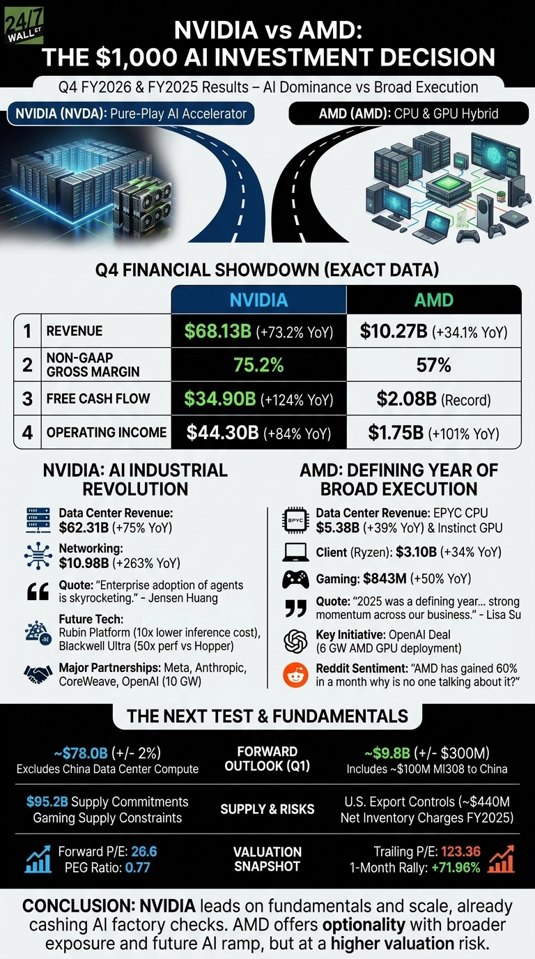 An infographic titled 'NVIDIA vs AMD: The $1,000 AI Investment Decision' comparing NVIDIA and AMD. The top section shows NVIDIA as a pure-play AI accelerator with server racks and AMD as a CPU &amp; GPU hybrid with various devices. A table, 'Q4 Financial Showdown (Exact Data),' presents financial metrics: NVIDIA's Revenue is $68.13 billion (+73.2% YoY), Non-GAAP Gross Margin 75.2%, Free Cash Flow $34.90 billion (+124% YoY), and Operating Income $44.30 billion (+84% YoY). AMD's Revenue is $10.27 billion (+34.1% YoY), Non-GAAP Gross Margin 57%, Free Cash Flow $2.08 billion (Record), and Operating Income $1.75 billion (+101% YoY). Sections on 'NVIDIA: AI Industrial Revolution' and 'AMD: Defining Year of Broad Execution' detail segment revenues, future tech, partnerships, and market sentiment. The 'Next Test &amp; Fundamentals' section compares Q1 Forward Outlook, Supply &amp; Risks, and Valuation Snapshot, showing NVIDIA's Forward P/E at 26.6 and AMD's Trailing P/E at 123.36.