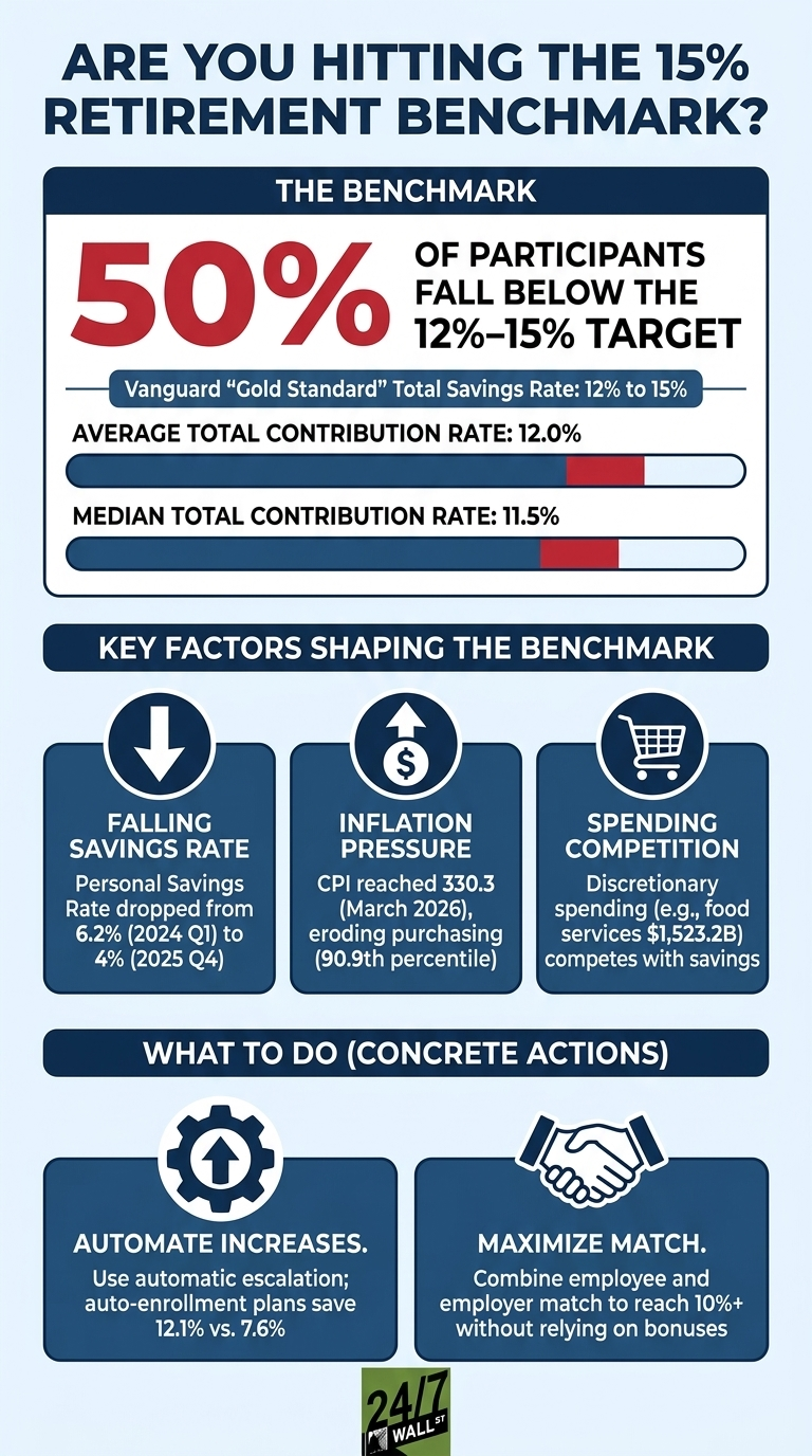 An infographic titled 'Are You Hitting the 15% Retirement Benchmark?' The top section, 'The Benchmark,' states that 50% of participants fall below the 12%-15% target savings rate, citing Vanguard's 'Gold Standard.' It shows the average total contribution rate is 12.0% and the median is 11.5%, represented by progress bars. The middle section, 'Key Factors Shaping the Benchmark,' describes three issues: Falling Savings Rate, with a downward arrow icon, detailing a drop from 6.2% (2024 Q1) to 4% (2025 Q4); Inflation Pressure, with an upward arrow and dollar sign icon, noting CPI reached 330.3 in March 2026; and Spending Competition, with a shopping cart icon, mentioning discretionary spending of $1,523.2 billion. The bottom section, 'What To Do (Concrete Actions),' suggests 'Automate Increases' with a gear and upward arrow icon, stating auto-enrollment plans save 12.1% vs. 7.6%, and 'Maximize Match' with a handshake icon, advising to combine employee and employer match to reach 10%+.