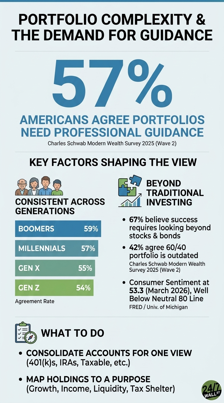 An infographic titled 'PORTFOLIO COMPLEXITY &amp; THE DEMAND FOR GUIDANCE'. A large blue '57%' states that 'AMERICANS AGREE PORTFOLIOS NEED PROFESSIONAL GUIDANCE', referencing the Charles Schwab Modern Wealth Survey 2025 (Wave 2). The 'KEY FACTORS SHAPING THE VIEW' section includes two parts. On the left, 'CONSISTENT ACROSS GENERATIONS' shows bar charts for Boomers (59%), Millennials (57%), Gen X (55%), and Gen Z (54%) as 'Agreement Rate'. On the right, 'BEYOND TRADITIONAL INVESTING' lists bullet points: '67% believe success requires looking beyond stocks &amp; bonds', '42% agree 60/40 portfolio is outdated' (Charles Schwab Modern Wealth Survey 2025 (Wave 2)), and 'Consumer Sentiment at 53.3 (March 2026), Well Below Neutral 80 Line' (FRED / Univ. of Michigan). The bottom section, 'WHAT TO DO', advises to 'CONSOLIDATE ACCOUNTS FOR ONE VIEW (401(k)s, IRAs, Taxable, etc.)' and 'MAP HOLDINGS TO A PURPOSE (Growth, Income, Liquidity, Tax Shelter)'. The graphic uses a clean layout with blue, green, and white colors.