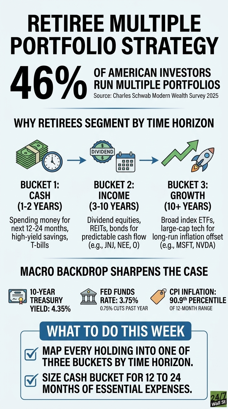 An infographic titled 'Retiree Multiple Portfolio Strategy' in large black font against a light blue background. Below the title, '46% OF AMERICAN INVESTORS RUN MULTIPLE PORTFOLIOS' is stated, with 'Source: Charles Schwab Modern Wealth Survey 2025' underneath. A section titled 'WHY RETIREES SEGMENT BY TIME HORIZON' shows three interconnected buckets with arrows.
Bucket 1: Cash (1-2 Years), represented by stacks of cash and a clock icon. Description: 'Spending money for next 12-24 months, high-yield savings, T-bills'.
Bucket 2: Income (3-10 Years), represented by a dividend icon and a calendar. Description: 'Dividend equities, REITs, bonds for predictable cash flow (e.g., JNJ, NEE, O)'.
Bucket 3: Growth (10+ Years), represented by an upward arrow and a rocket ship. Description: 'Broad index ETFs, large-cap tech for long-run inflation offset (e.g., MSFT, NVDA)'.
Another section, 'MACRO BACKDROP SHARPENS THE CASE', displays three economic indicators:
1.  An icon of a certificate: '10-YEAR TREASURY YIELD: 4.35%'
2.  An icon of a building with columns: 'FED FUNDS RATE: 3.75% 0.75% CUTS PAST YEAR'
3.  An icon of a price tag: 'CPI INFLATION: 90.9th PERCENTILE OF 12-MONTH RANGE'
Finally, a section titled 'WHAT TO DO THIS WEEK' with two checked bullet points:
-   'MAP EVERY HOLDING INTO ONE OF THREE BUCKETS BY TIME HORIZON.'
-   'SIZE CASH BUCKET FOR 12 TO 24 MONTHS OF ESSENTIAL EXPENSES.'
In the bottom right corner, a logo reads '24/7 Wall St'.
